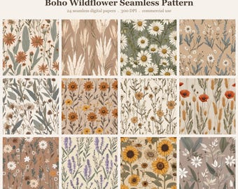 Boho Wildflower Seamless Pattern Bundle, Seamless Digital Paper, Subli