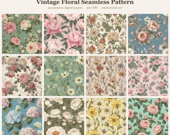Vintage Floral Seamless Pattern Bundle, Seamless Digital Paper, Sublim