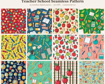Teacher School Seamless Pattern Bundle, Seamless Digital Paper, Sublim