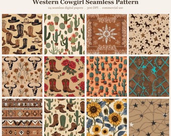 Western Cowgirl Seamless Pattern Bundle, Seamless Digital Paper, Subli