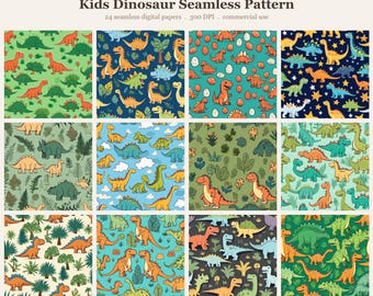 Kids Dinosaur Seamless Pattern Bundle, Seamless Digital Paper, Sublima