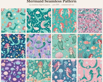 Mermaid Seamless Pattern Bundle, Seamless Digital Paper, Sublimation T