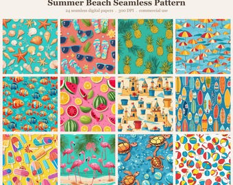 Summer Beach Seamless Pattern Bundle, Seamless Digital Paper, Sublimat