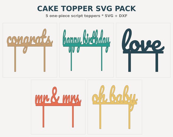 Cake Topper SVG Laser Cut Files, 5 Script Designs DXF, Happy Birthday Mr Mrs Oh Baby, Instant Download