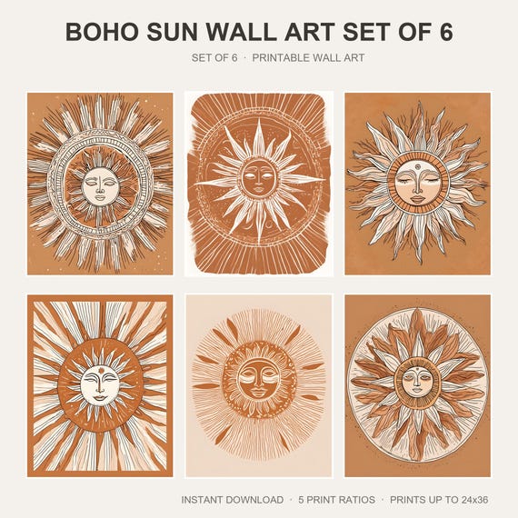 Boho Sun Wall Art Set of 6