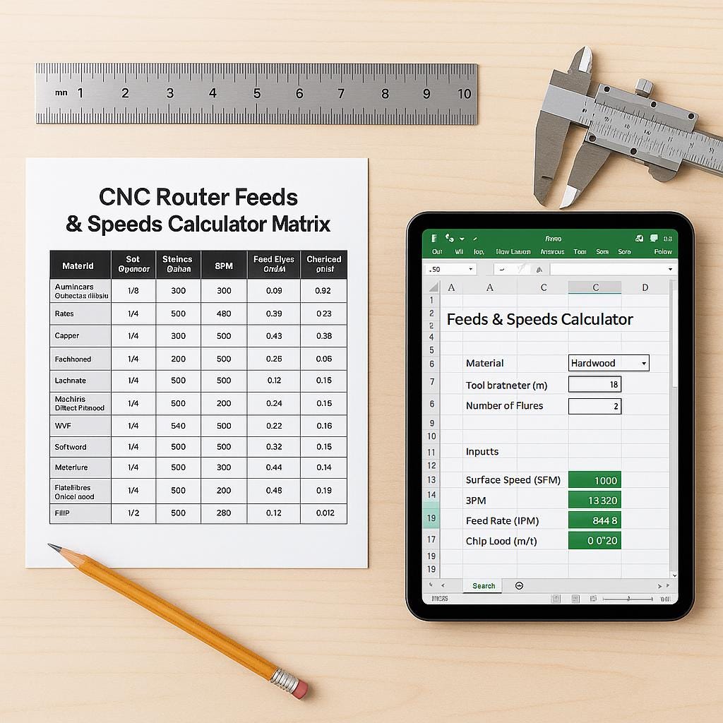 CNC Router Feeds and Speeds Chart, 216 Combinations PDF + CSV, Wood Acrylic Aluminum Bit Settings, Download