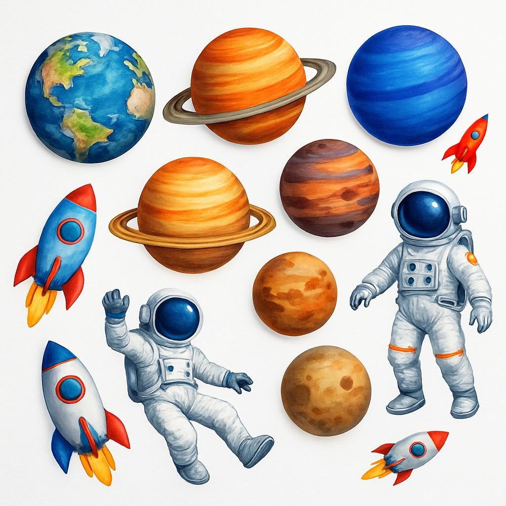 Whimsical Space SVG Bundle, 8 Cut and Engrave Designs, Rocket Planet Moon UFO, Laser Cricut, Digital Download