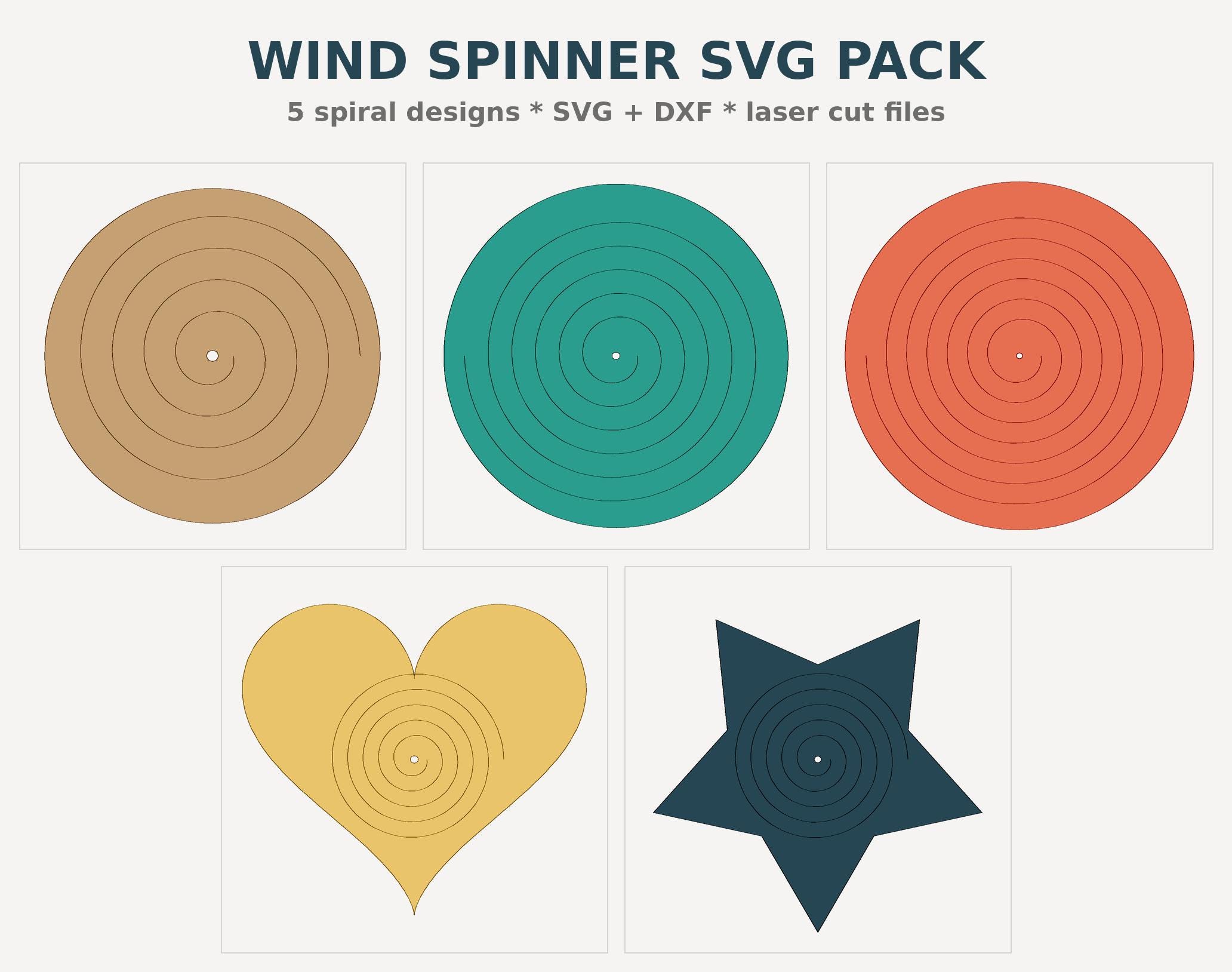 Wind Spinner SVG Laser Cut Files, 5 Spiral Designs, Garden Decor DXF, Glowforge Cricut, Instant Download