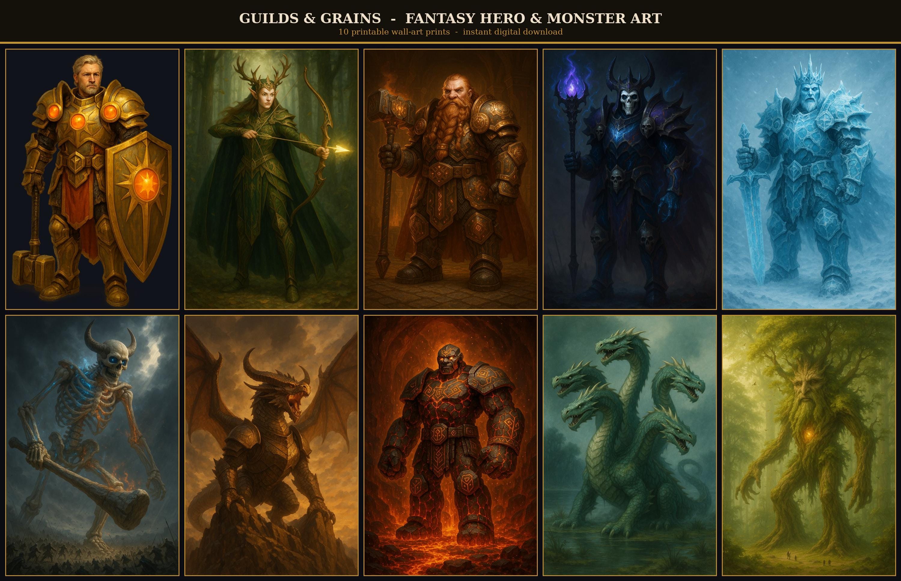 Fantasy Wall Art Set of 10 Printable Prints, Dragon Knight Wizard Skeleton, Tabletop RPG Digital Do