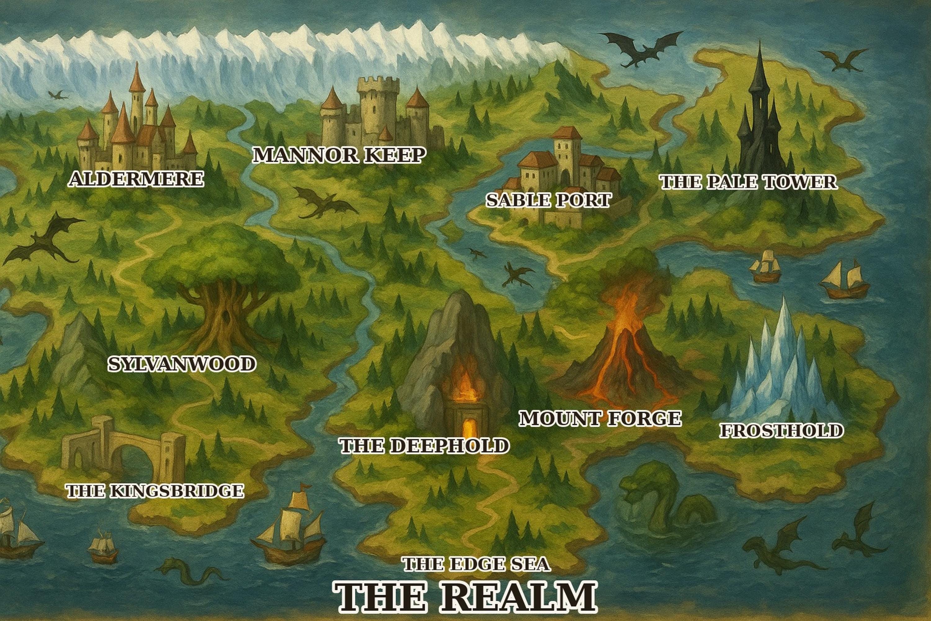 Illustrated Fantasy Map Wall Art Printable Landscape, Tabletop RPG Campaign Map Poster, Fantasy World Map Castles Dragons, Dungeon Master Gift