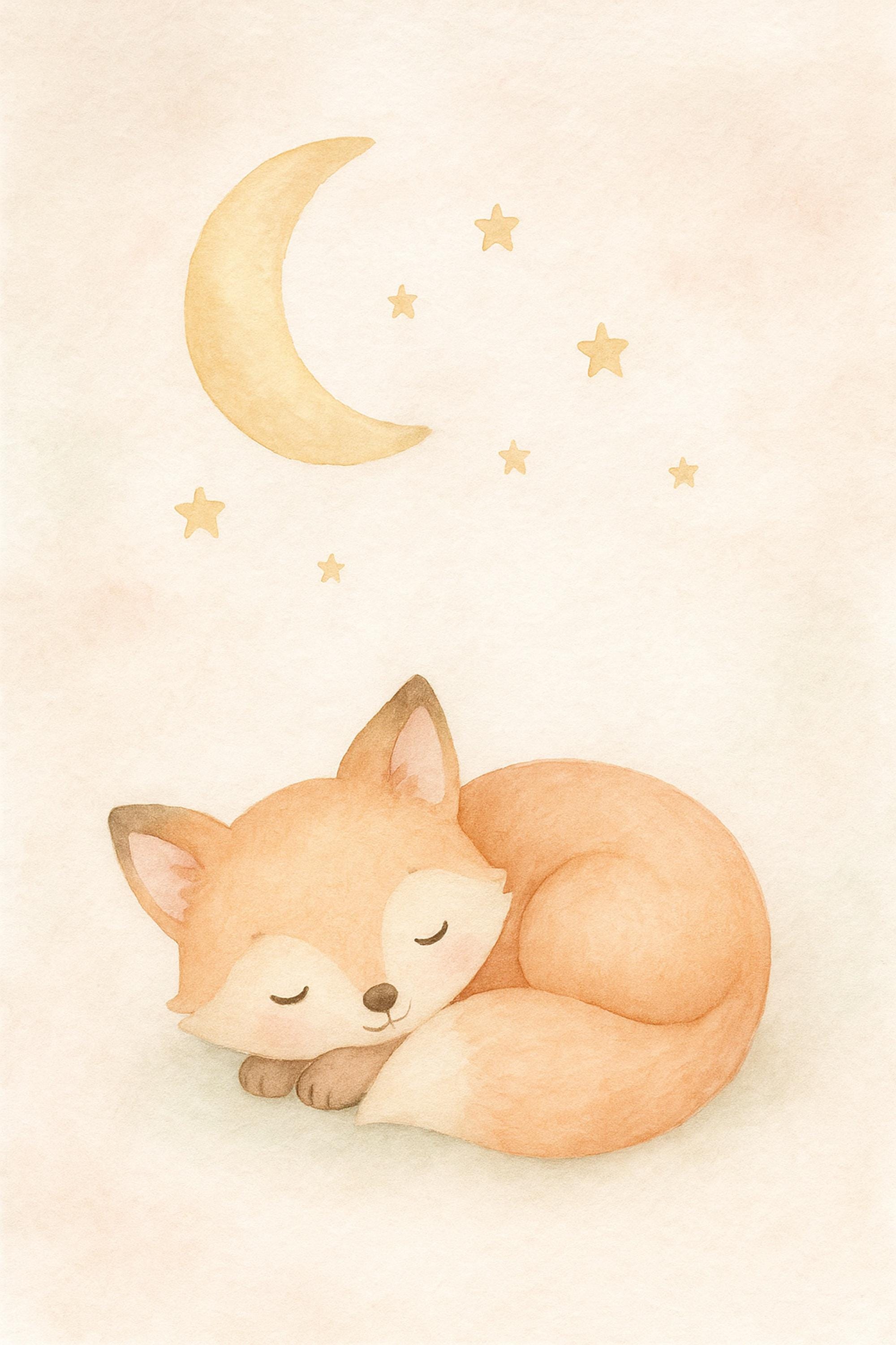 Nursery Wall Art Printable, Baby Fox Moon and Stars Print, Woodland Nursery Decor, Pastel Kids Room Art, Digital Download