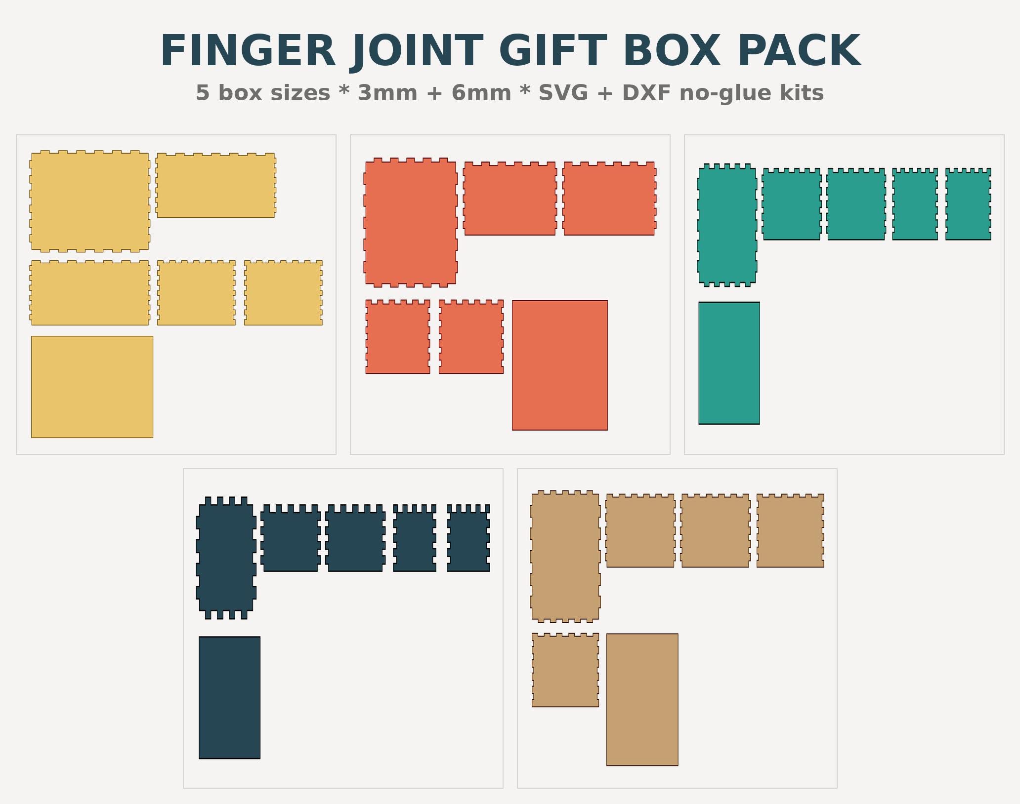 Finger Joint Box SVG Laser Cut Files, 5 Sizes Gift Box Template DXF, 3mm 6mm Plywood, Instant Download