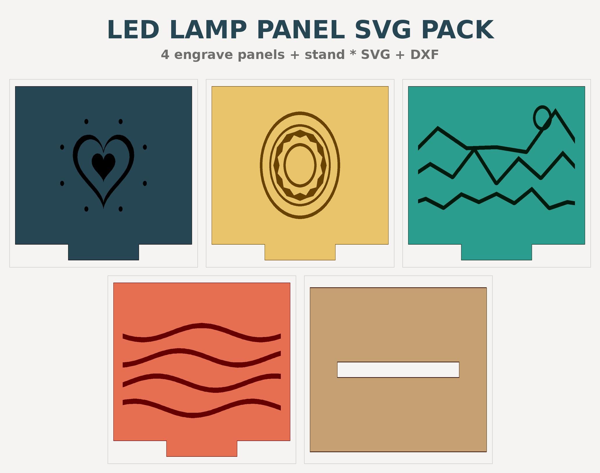 LED Lamp SVG Laser Files, 4 Acrylic Night Light Panels DXF, Engrave Designs Plus Stand, Instant Download
