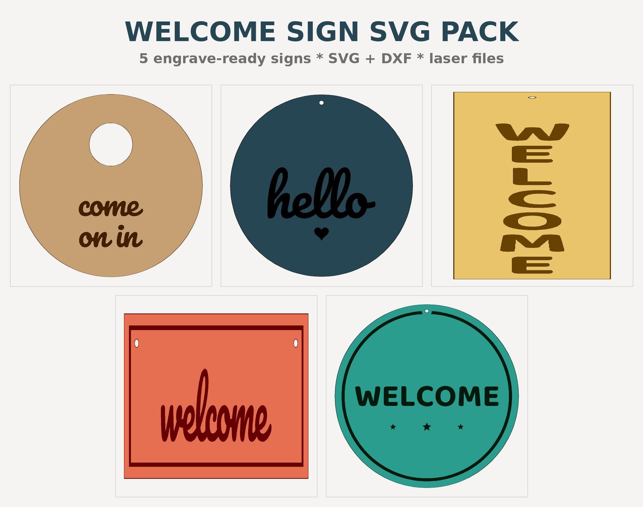 Welcome Sign SVG Laser Cut Files, DXF, Round Porch Door Hanger, Glowforge Ready, Instant Download