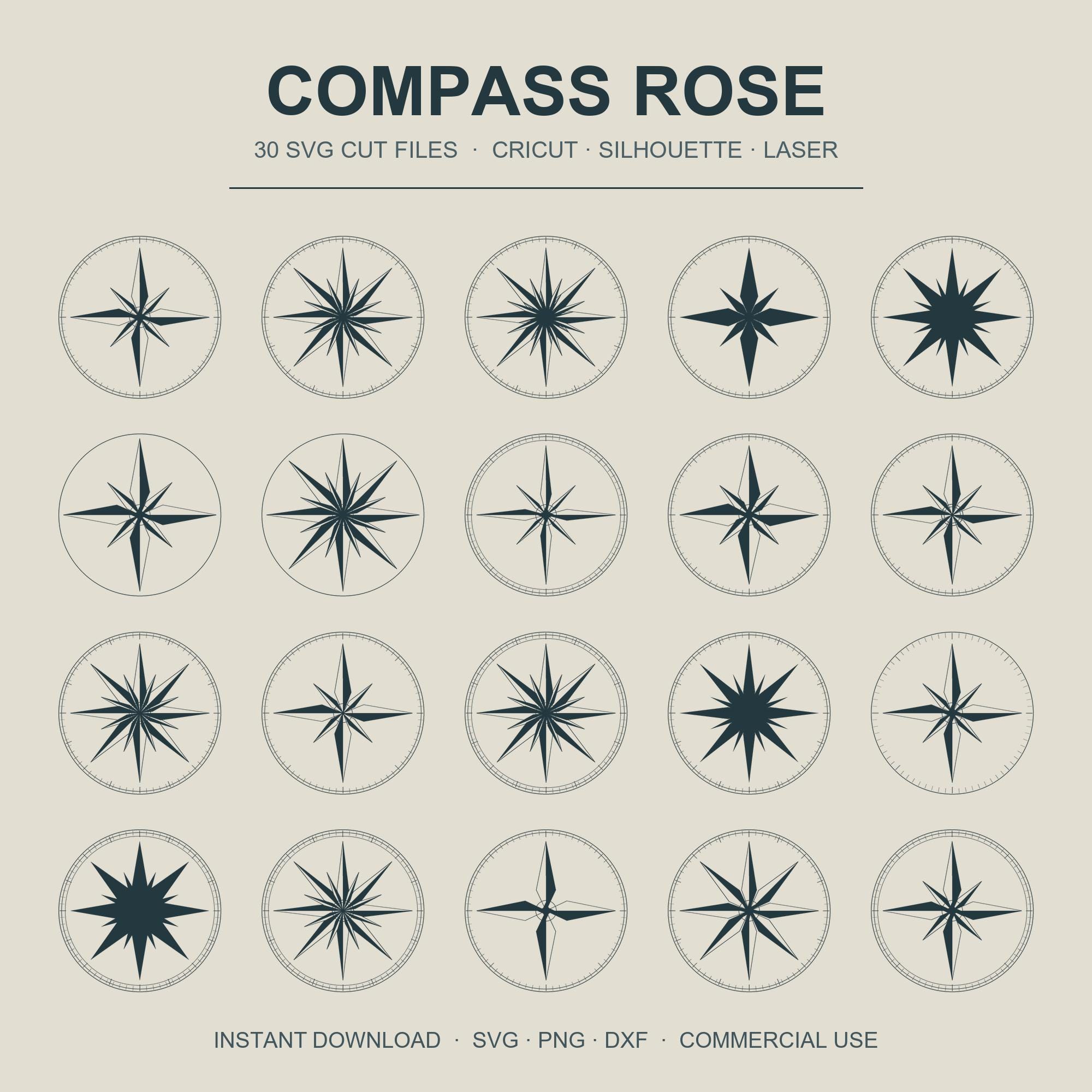 Compass Rose SVG Bundle | 30 Nautical Compass Cut Files | Travel Wanderlust SVG | Coastal