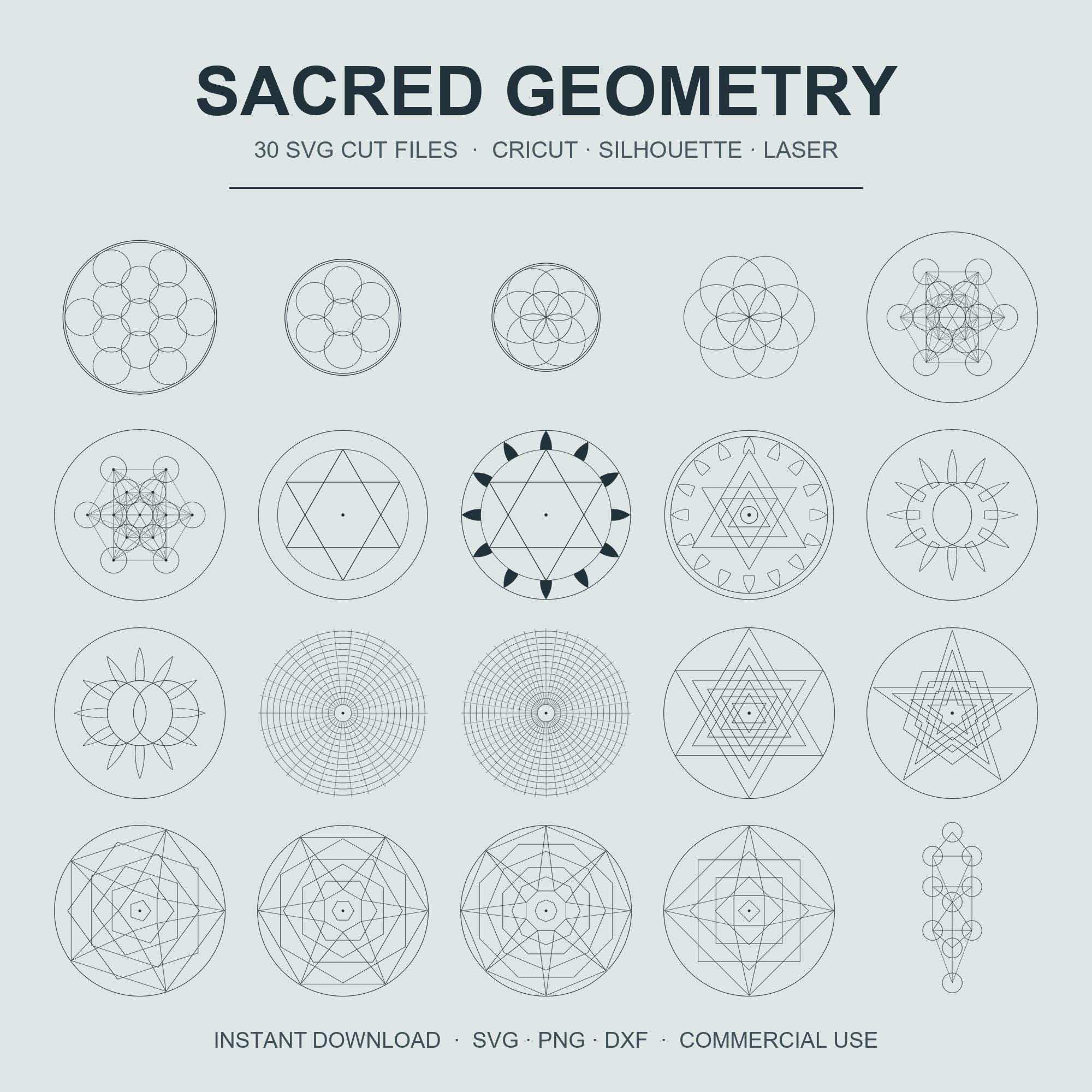 Sacred Geometry SVG Bundle | 30 Cut Files | Flower of Life Metatron Merkaba | Spiritual Wa