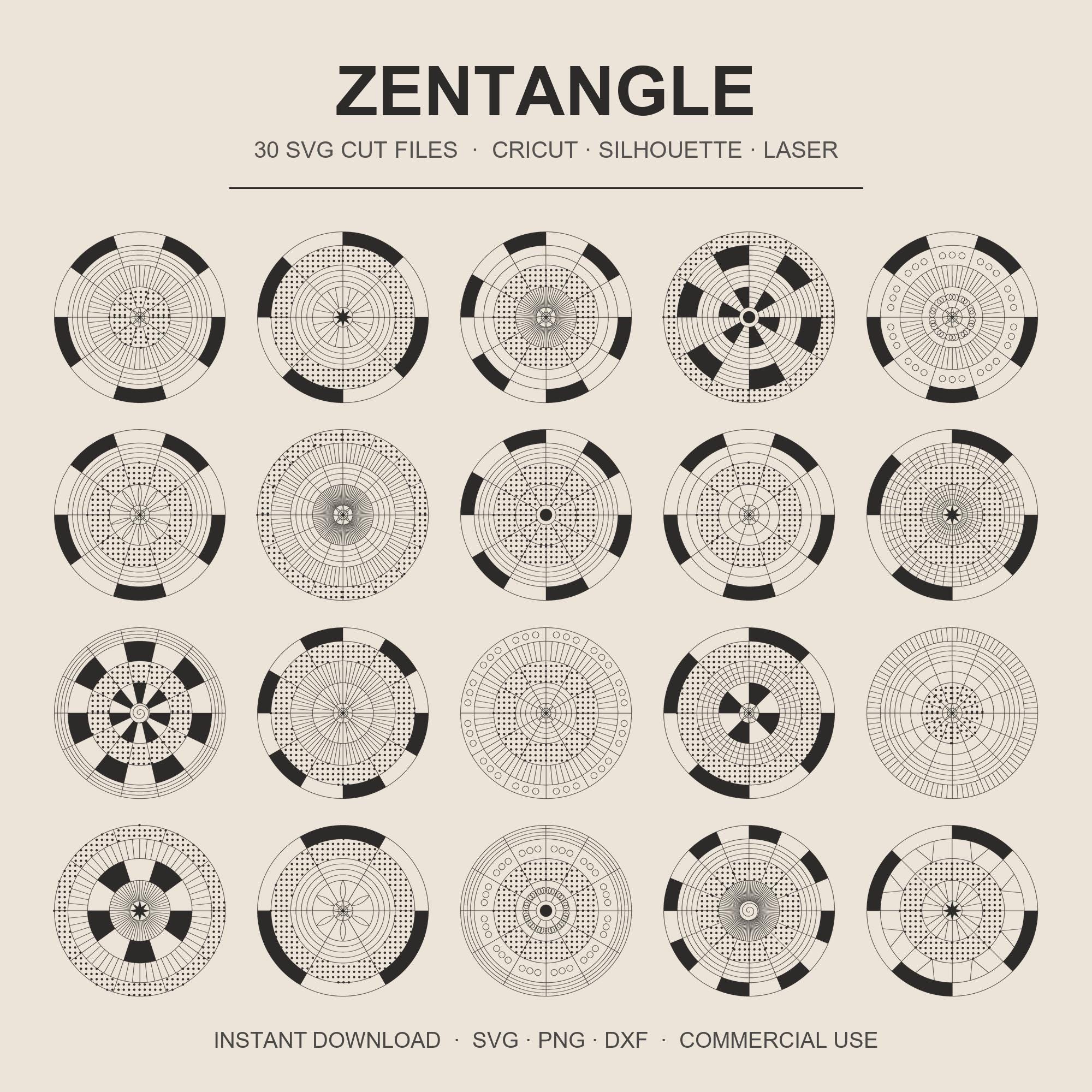Zentangle SVG Bundle | 30 Mandala Medallion Cut Files | Doodle Art Boho | Coaster Wall Art