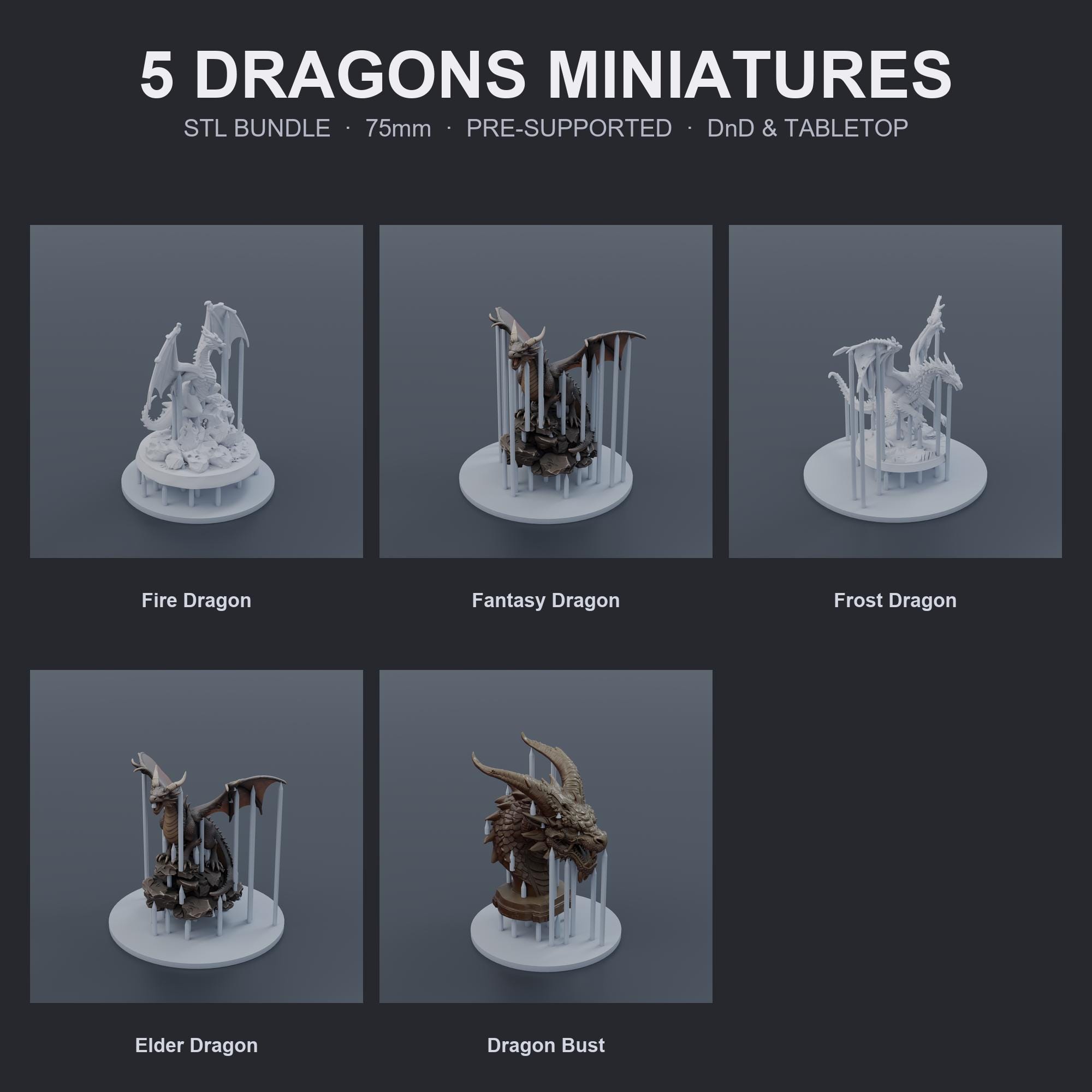 Dragon Miniatures STL Bundle | 5 Fantasy Dragons | 75mm Pre-Supported | Tabletop RPG Resin
