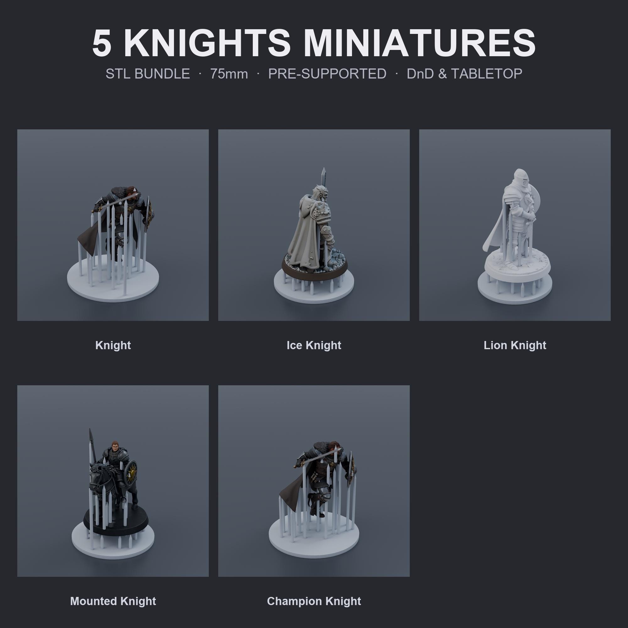 Knight Miniatures STL Bundle | 5 Fantasy Knights | 75mm Pre-Supported | Tabletop RPG Resin