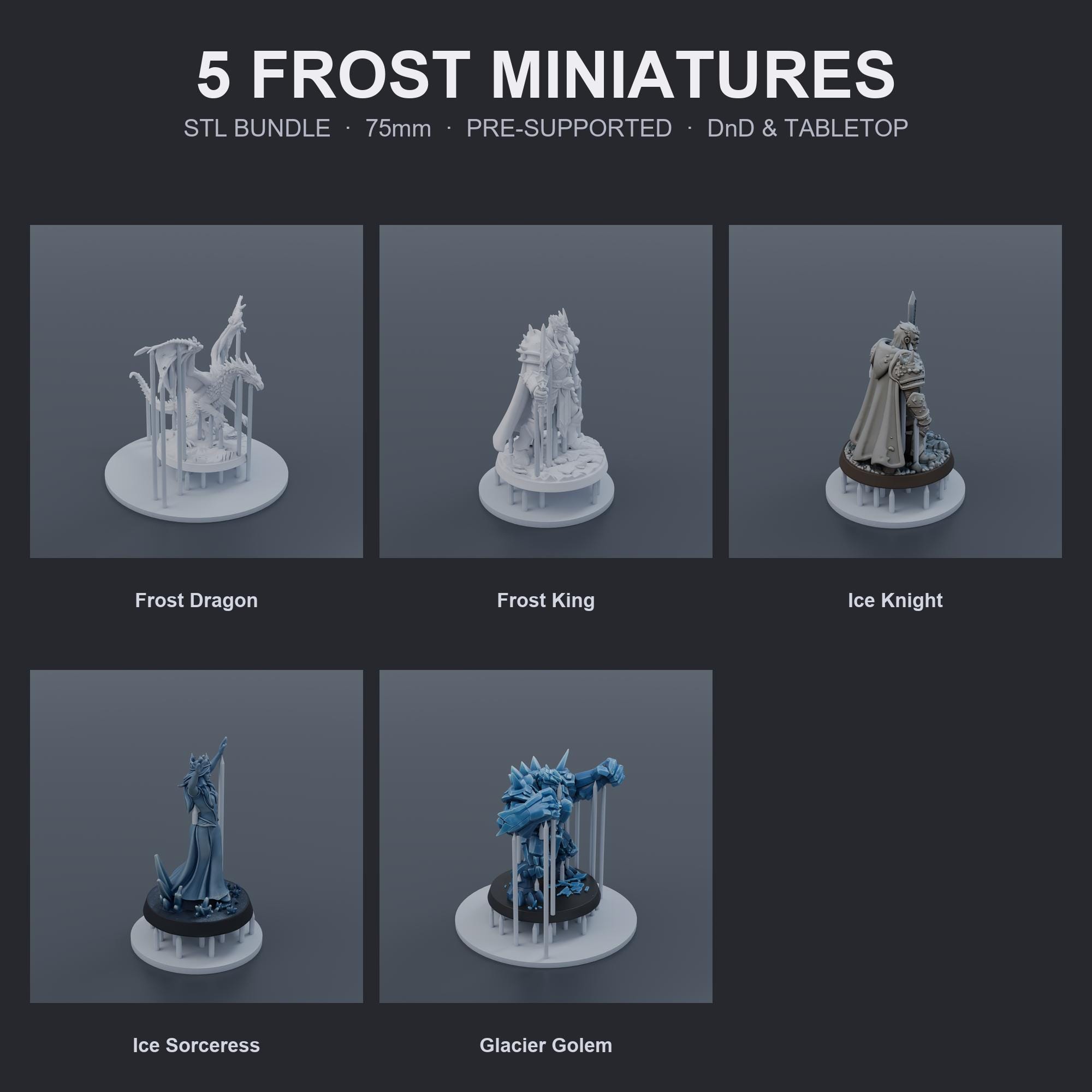 Frost & Ice Miniatures STL Bundle | 5 Minis | 75mm Pre-Supported | Tabletop RPG Resin 3D P