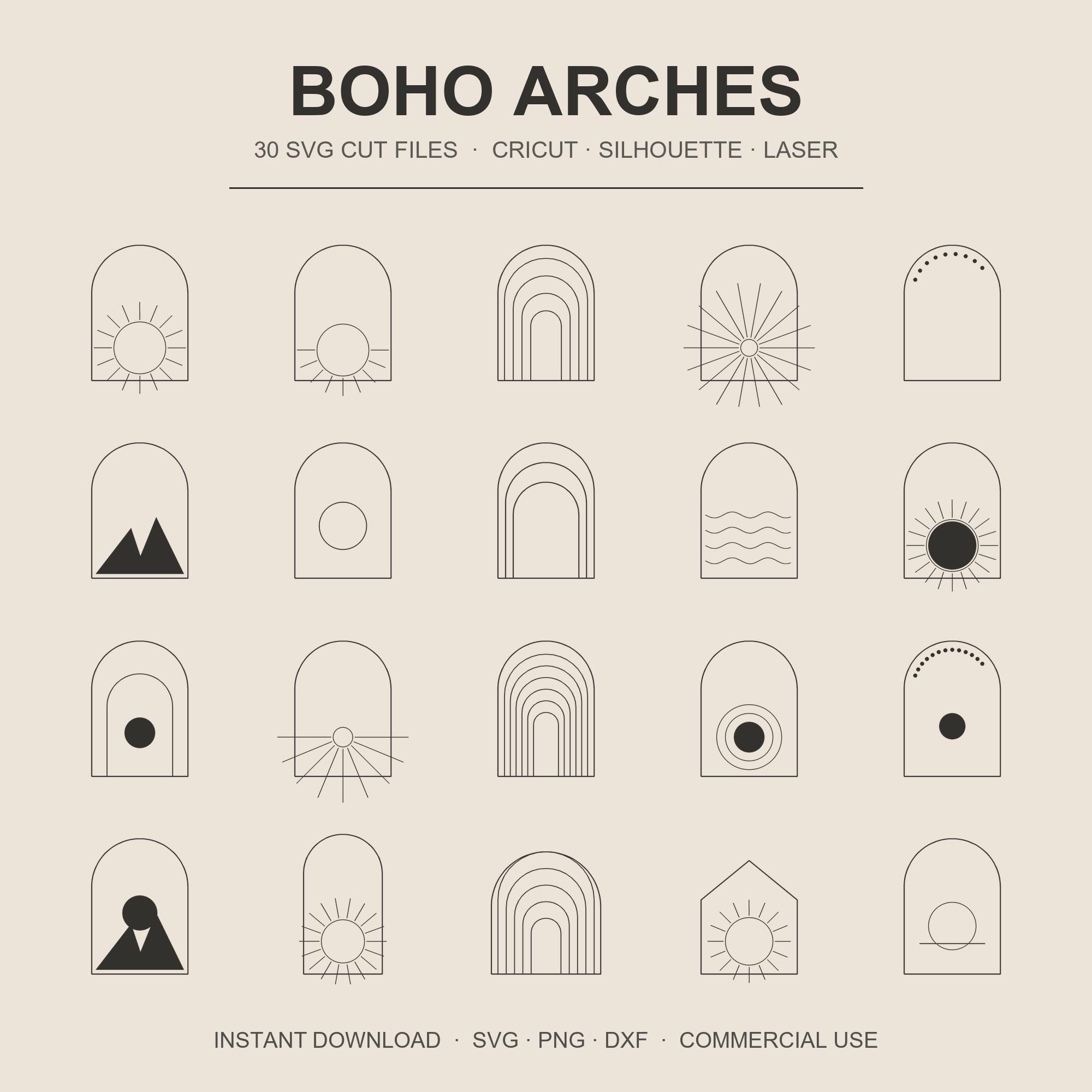Boho Arch SVG Bundle | 30 Boho Arches Cut Files | Sun Rainbow Mountain | Cricut Laser Boho