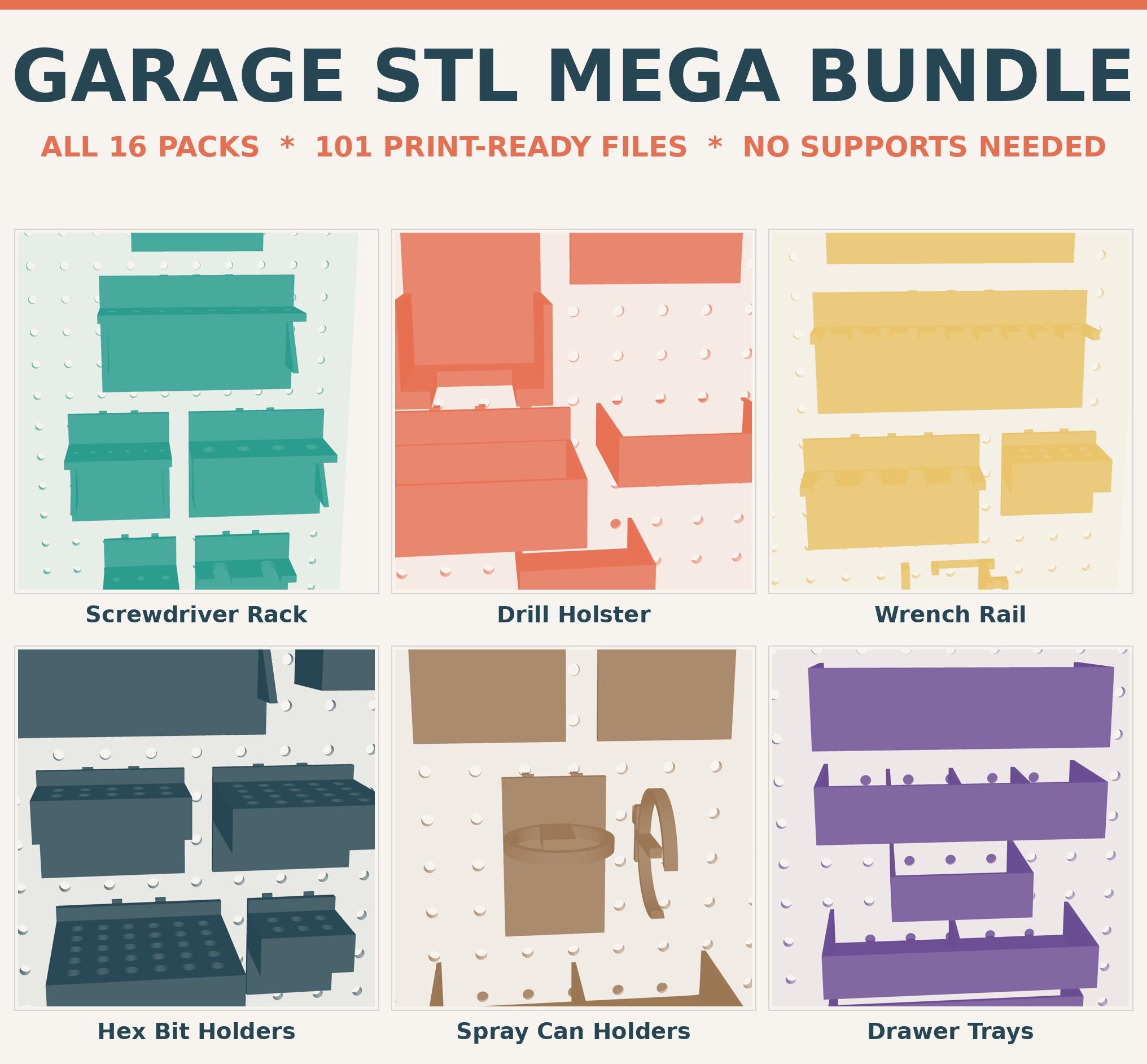 Garage Organization STL Mega Bundle, All 16 Packs, 101 3D Print Files, Pegboard Tool Organizer, Instant Download