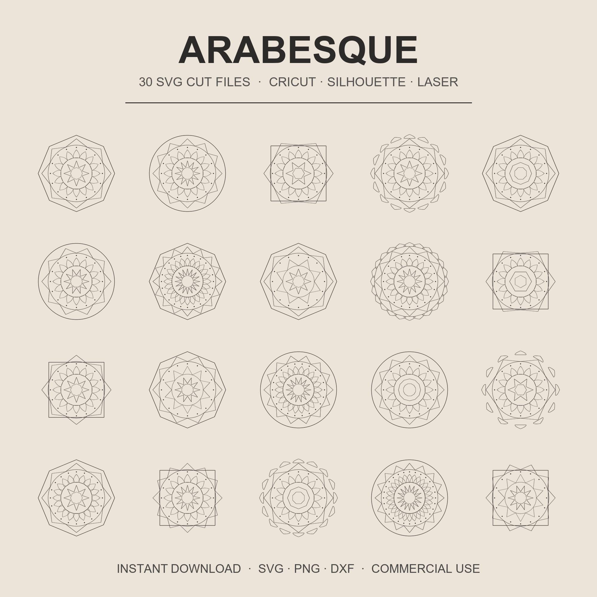 Arabesque SVG Bundle | 30 Moroccan Tile Cut Files | Cricut Boho Mandala Laser Cut | Geomet