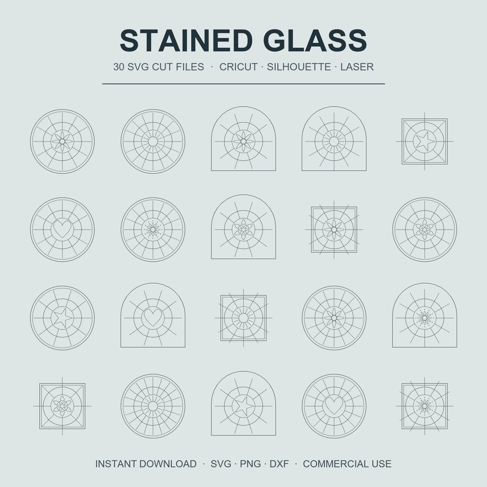 Stained Glass SVG Bundle | 30 Suncatcher Cut Files | Glowforge Laser Cut Pattern | Window