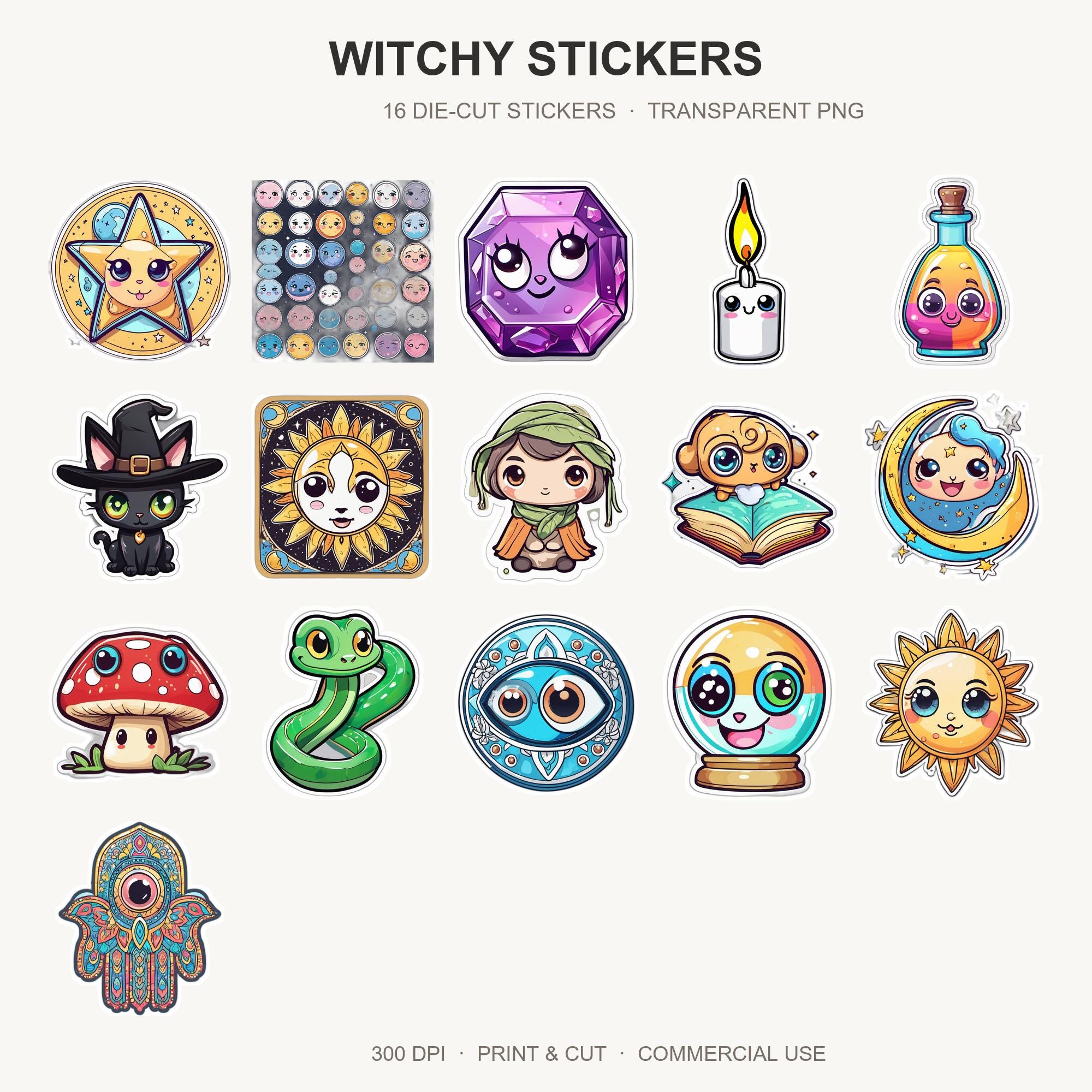 Witchy Stickers | 16 Wiccan Die Cut Png | Mystical Moon Crystal Tarot | Spooky Sticker Bun