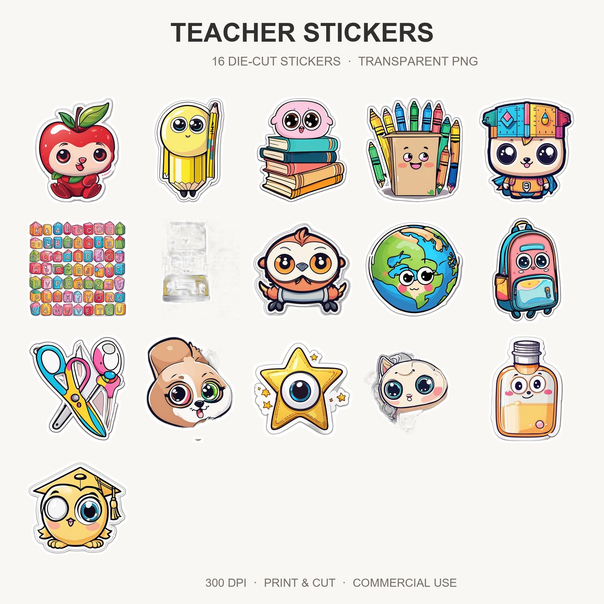 Teacher Stickers | 16 Cute School Die Cut Png | Apple Pencil Books | Planner Sticker Bundl