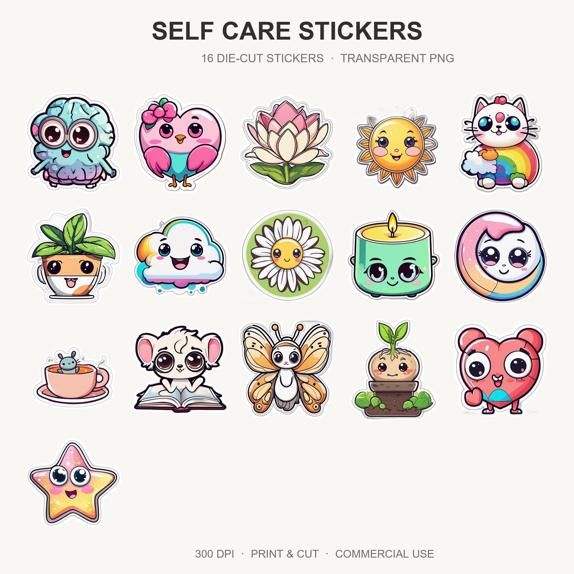 Self Care Stickers | 16 Cute Mental Health Die Cut Png | Affirmation Wellness | Planner St
