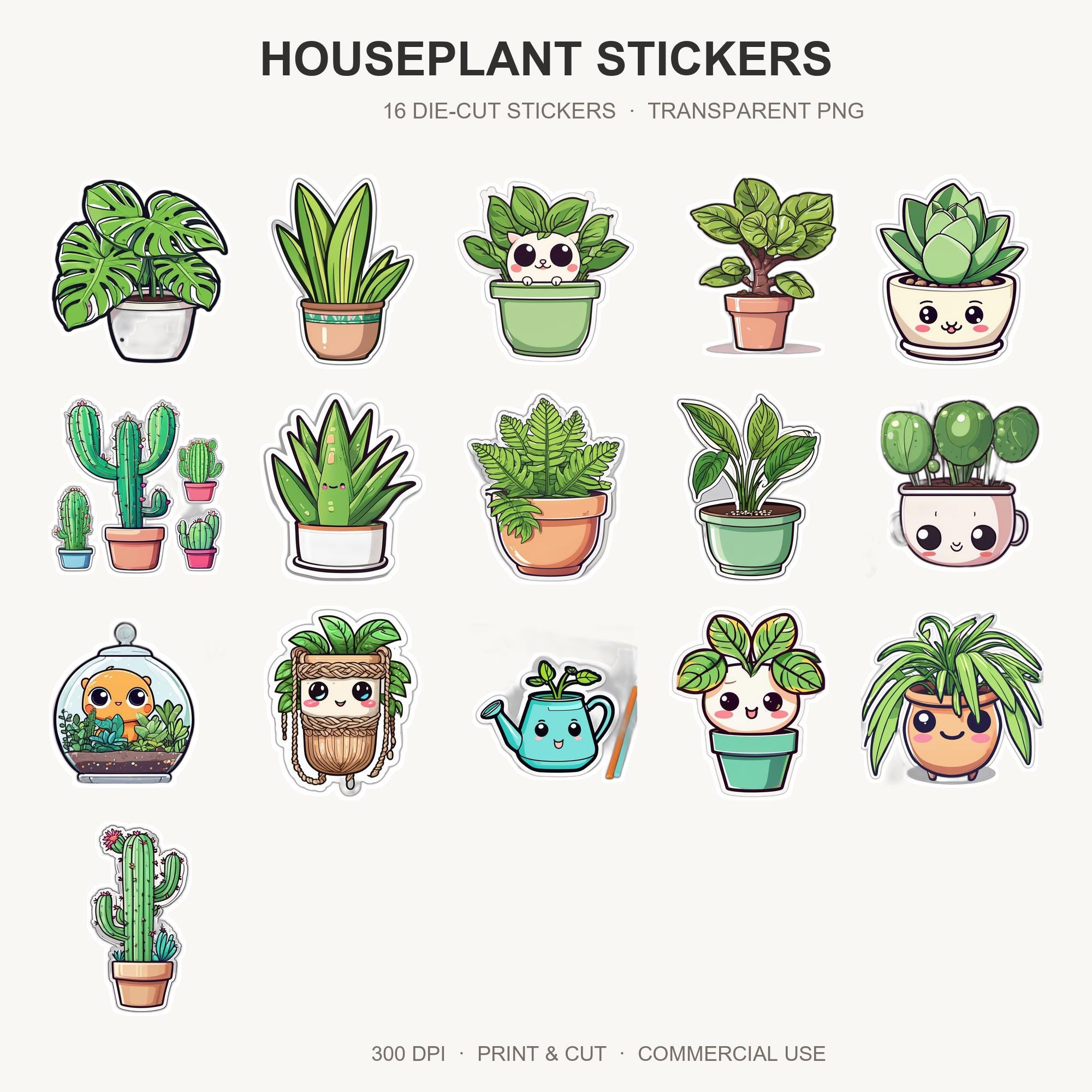 Houseplant Stickers | 16 Cute Plant Sticker PNG | Die Cut Plant Lover Bundle | Planner Lap