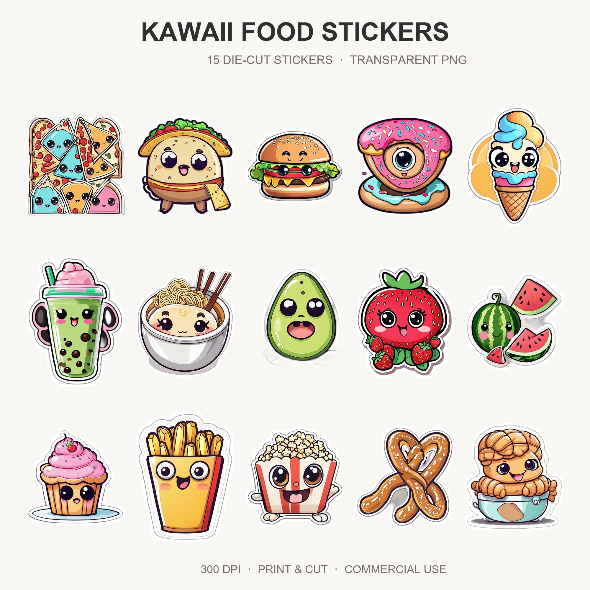 Kawaii Food Stickers | 16 Cute Food Sticker PNG | Die Cut Sticker Bundle | Planner Laptop