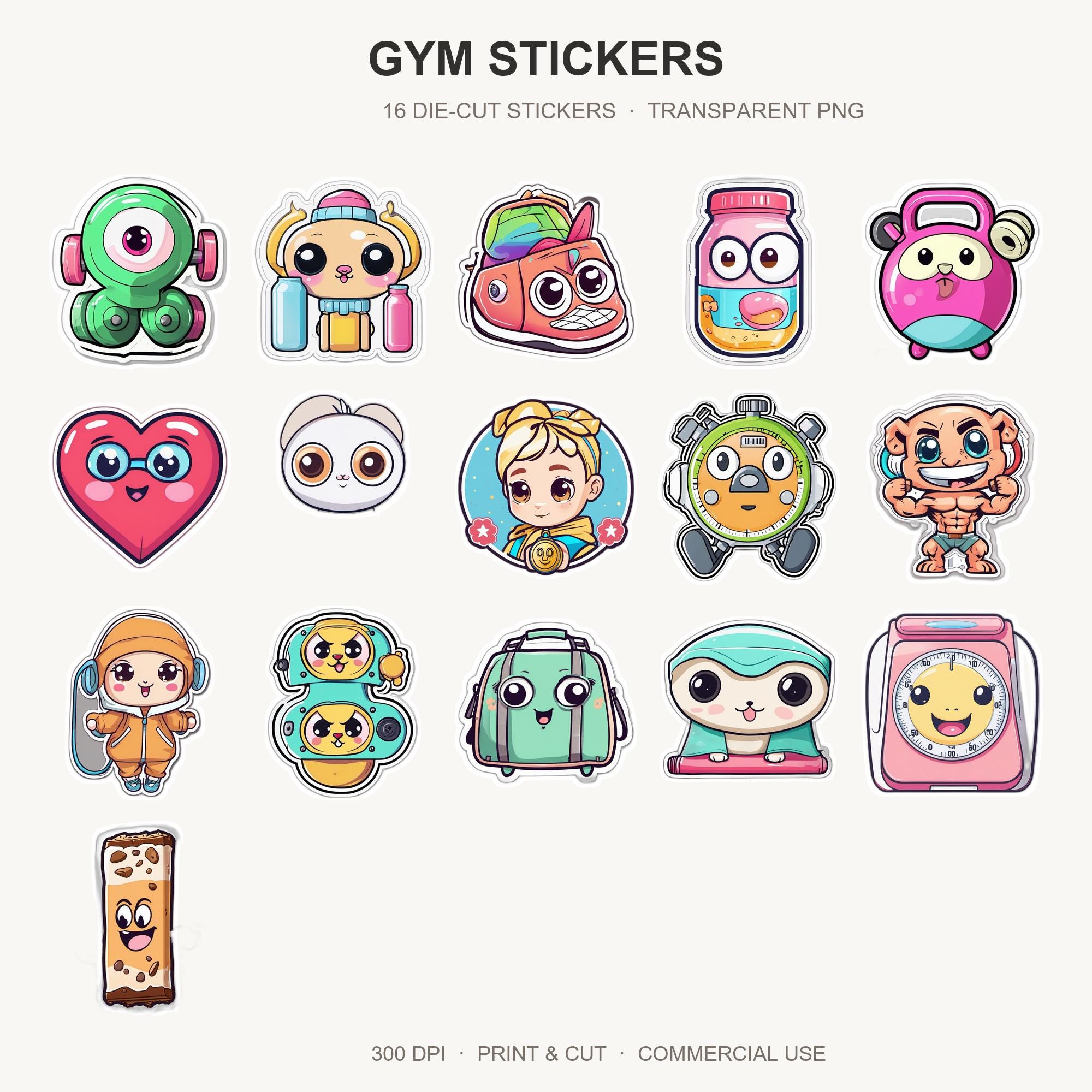 Gym Stickers | 16 Cute Fitness Sticker PNG | Die Cut Workout Bundle | Planner Laptop Stick