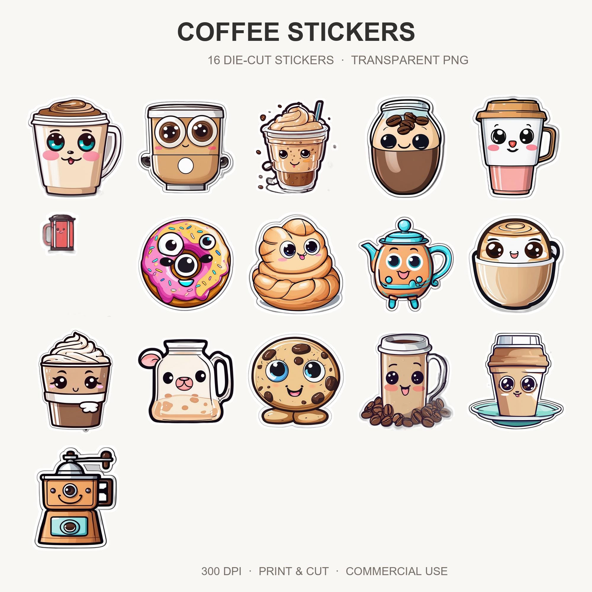 Coffee Stickers | 16 Cute Coffee Sticker PNG | Die Cut Coffee Lover Bundle | Planner Lapto