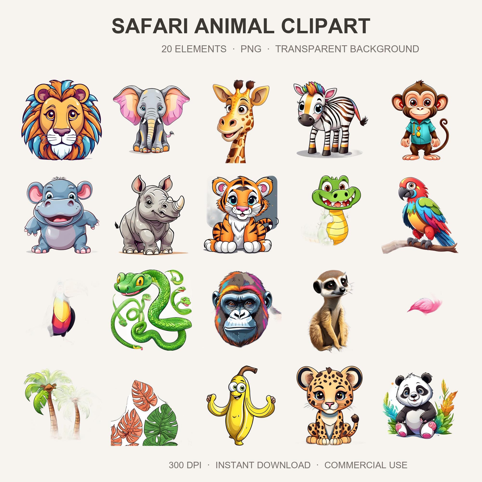 Safari Animal Clipart | 20 Cute Jungle Animal PNG for Kids | Lion Elephant Sublimation | T