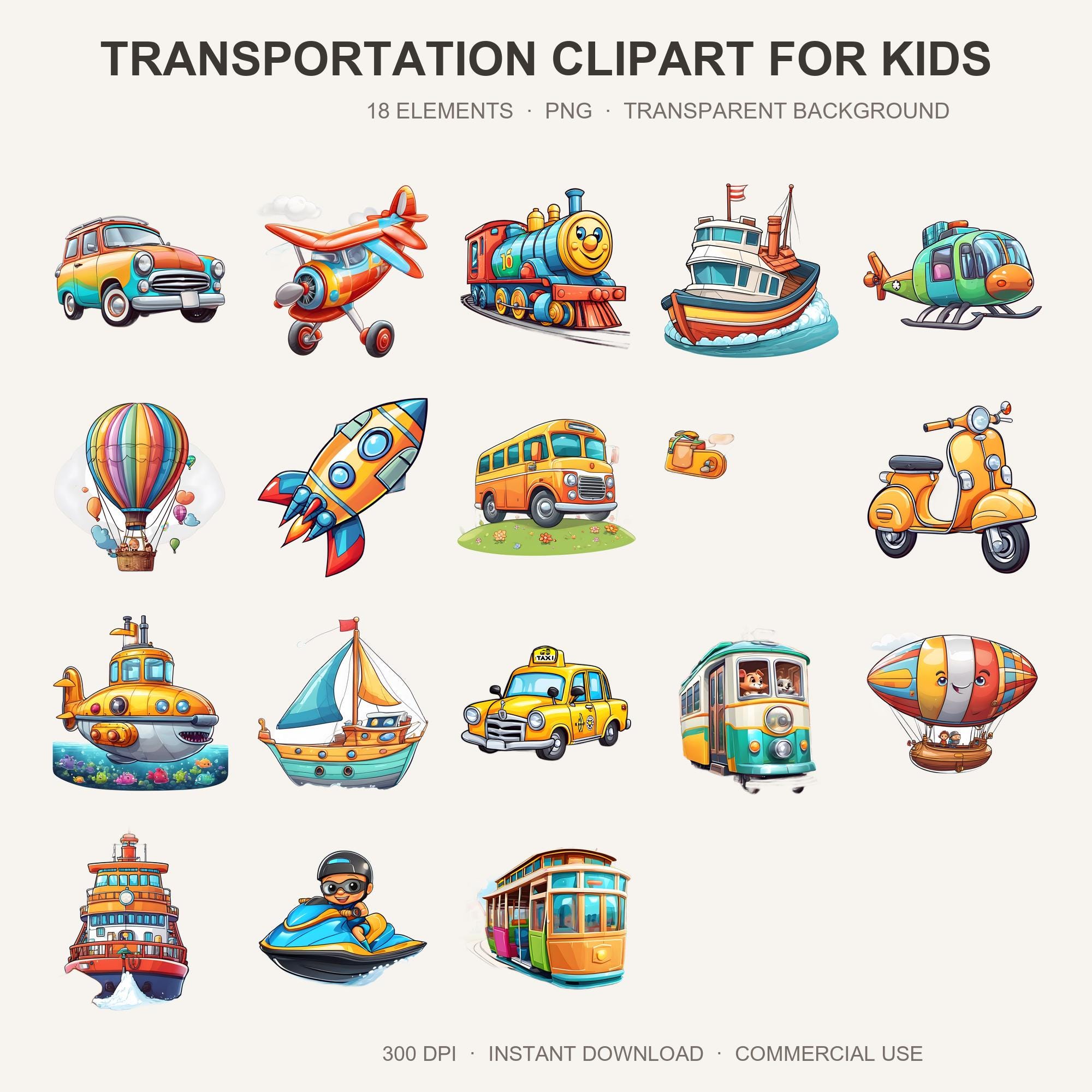 Transportation Clipart for Kids | 18 Cute Vehicle PNG | Car Plane Train Sublimation | Tran