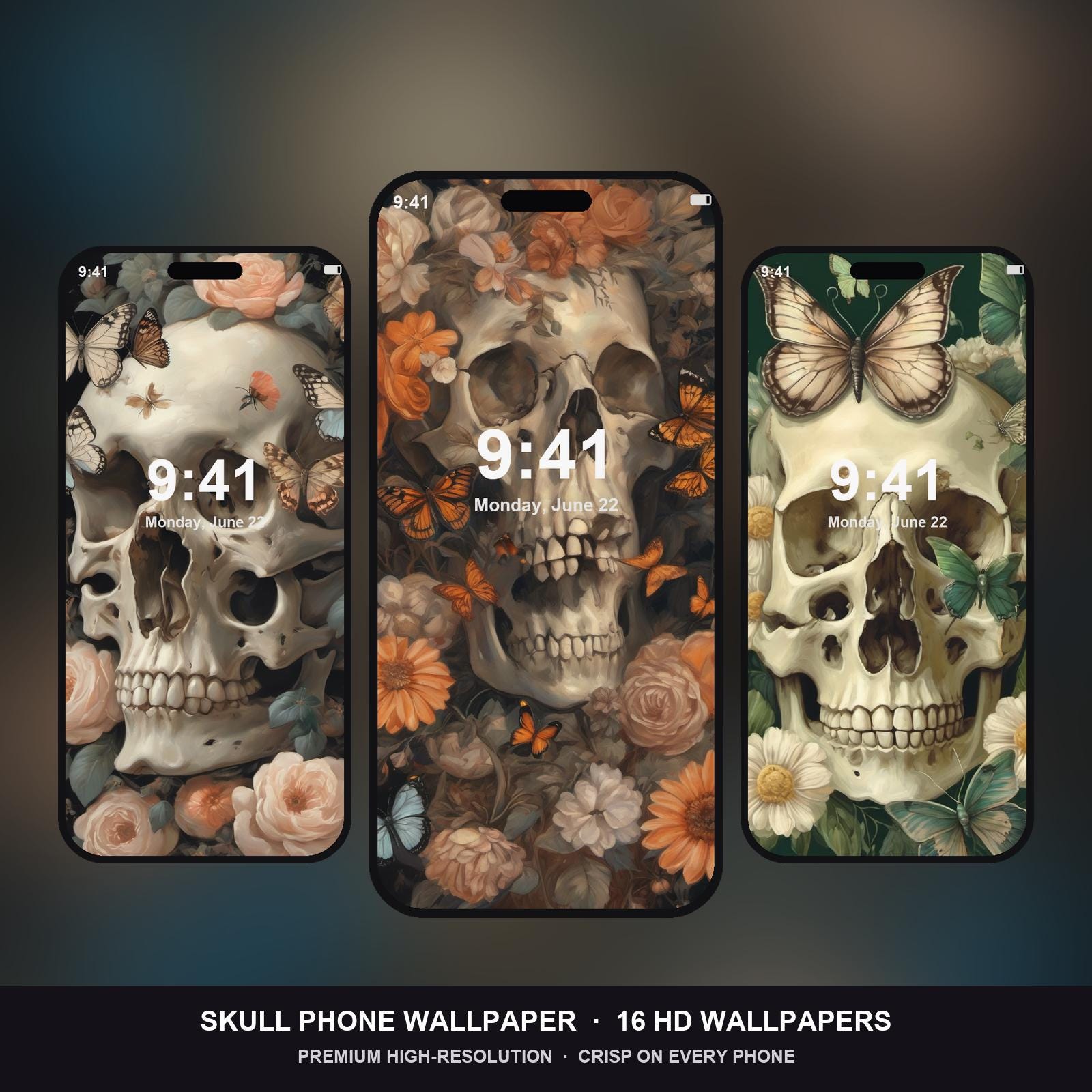 Skull Phone Wallpaper | 16 Butterfly iPhone Wallpapers | Ethereal Gothic Lock Screen | Ins