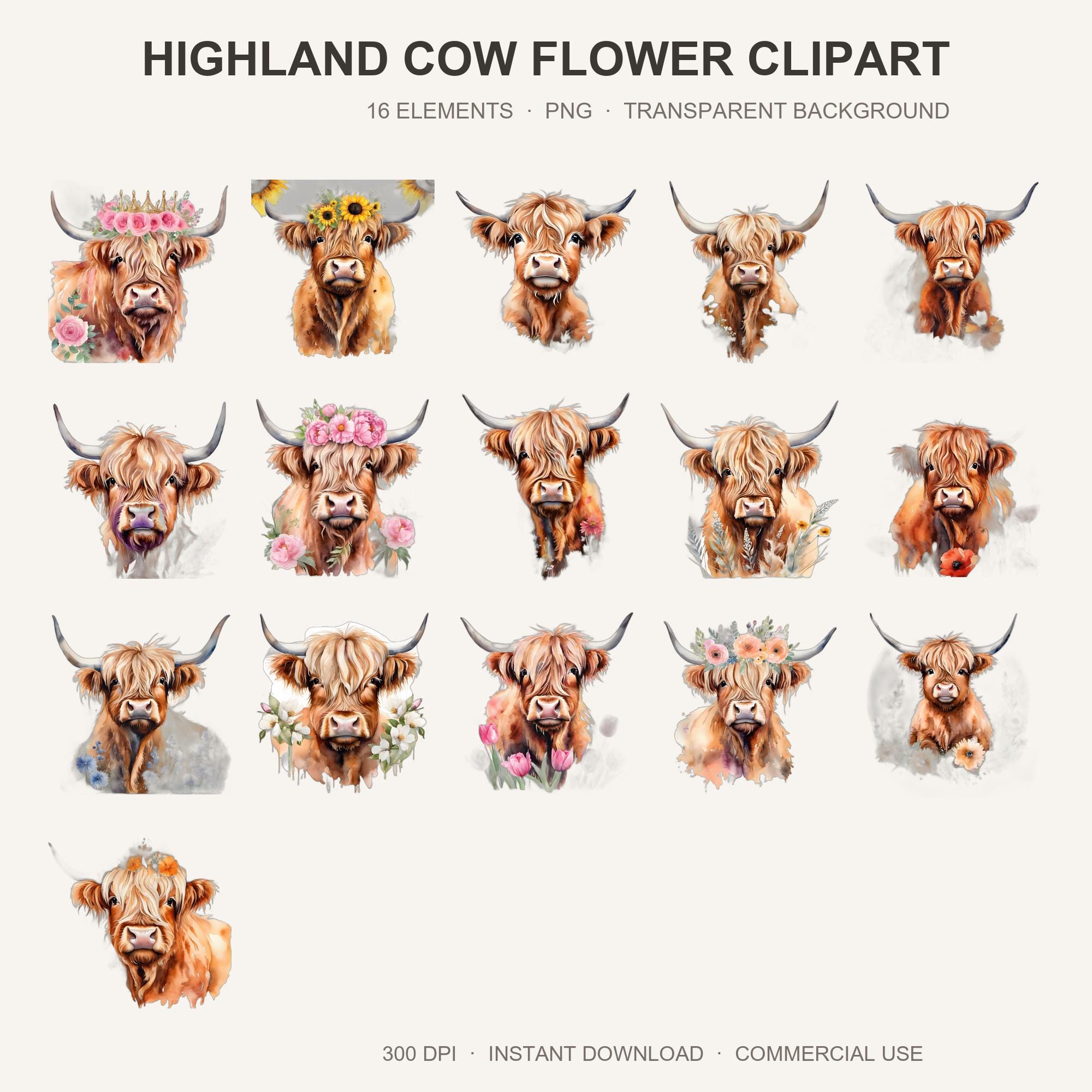 Highland Cow Flower Clipart | 16 Watercolor Cow PNG | Floral Sublimation Bundle | Transpar
