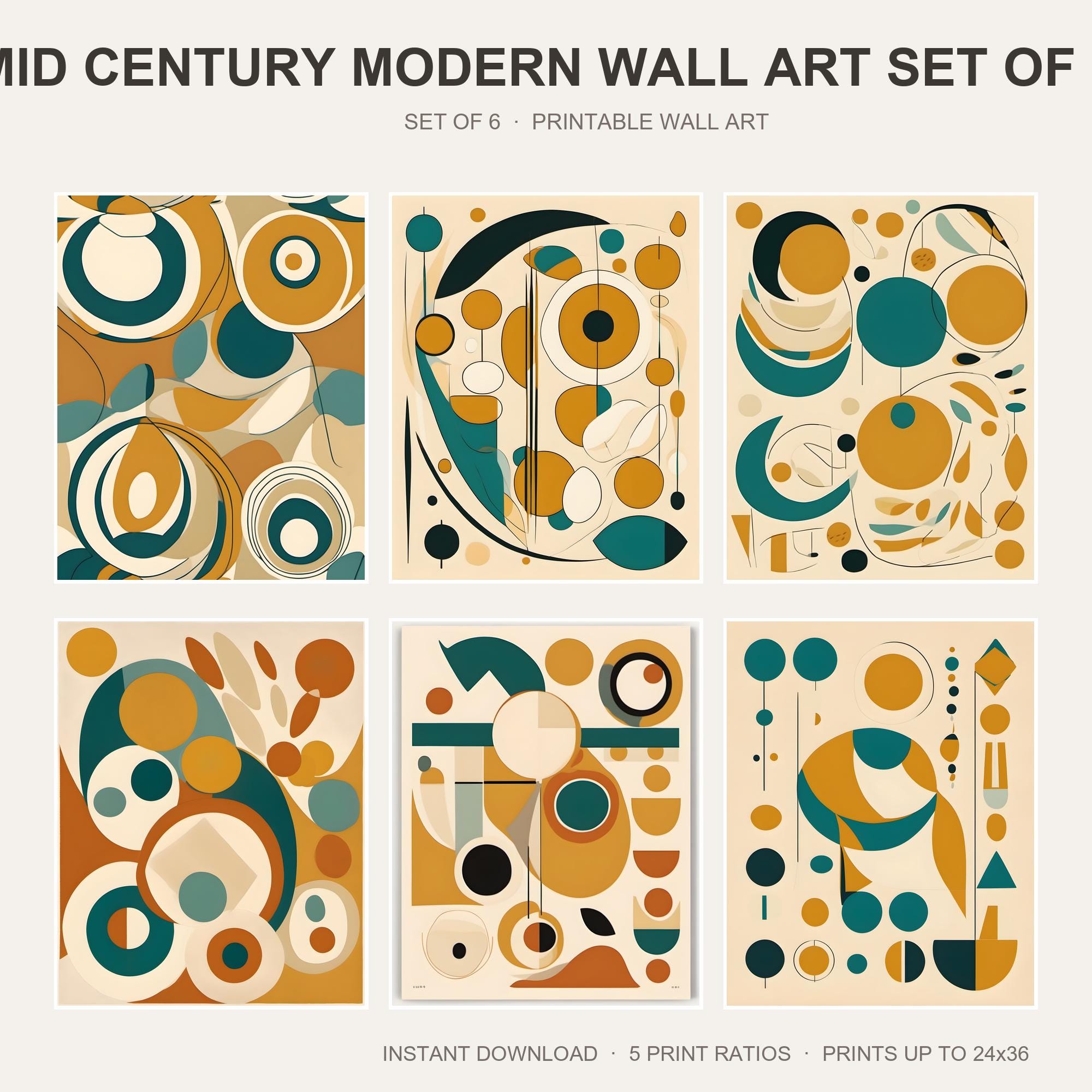 Mid Century Modern Wall Art Set of 6 | Retro Geometric Printable Wall Art | Mustard Teal A