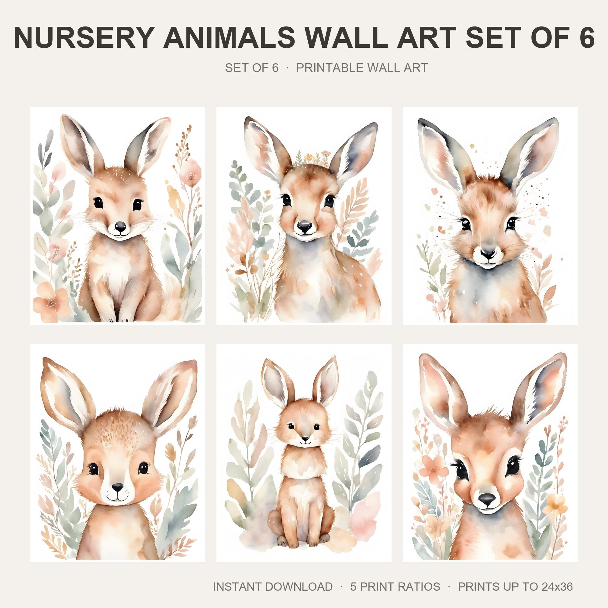 Nursery Animals Wall Art Set of 6