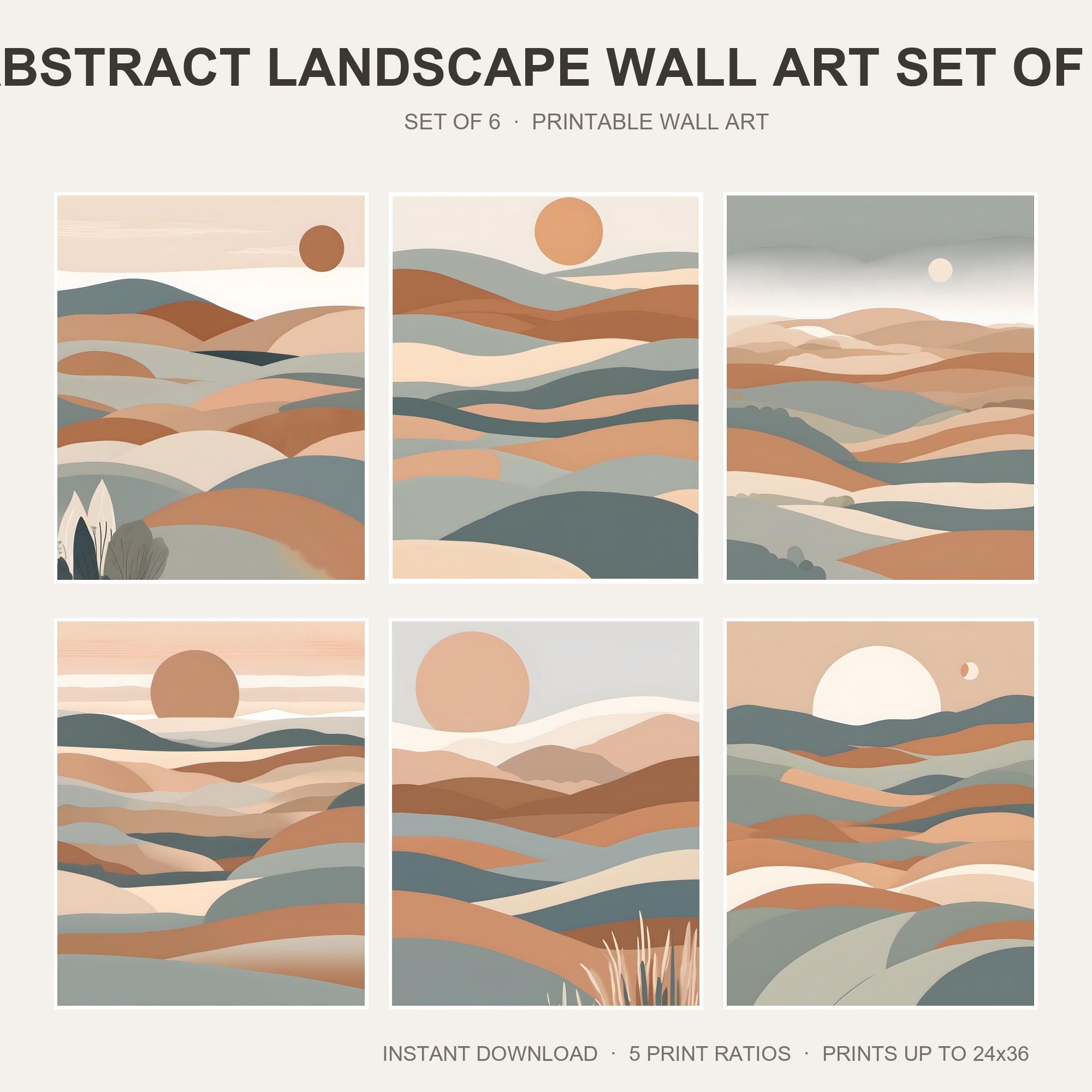 Abstract Landscape Wall Art Set of 6 | Minimalist Sun Mountain Printable Wall Art | Boho S