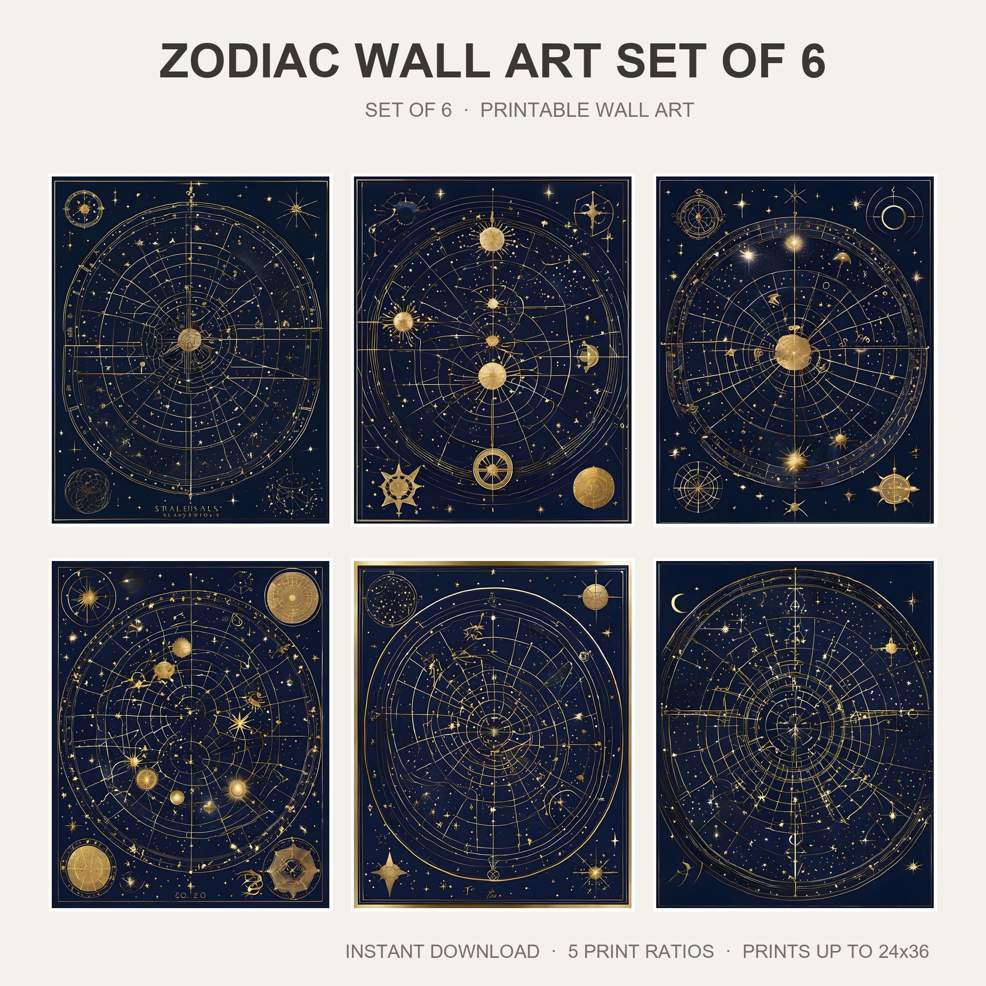 Zodiac Wall Art Set of 6 | Constellation Printable Wall Art | Celestial Astrology Star Map