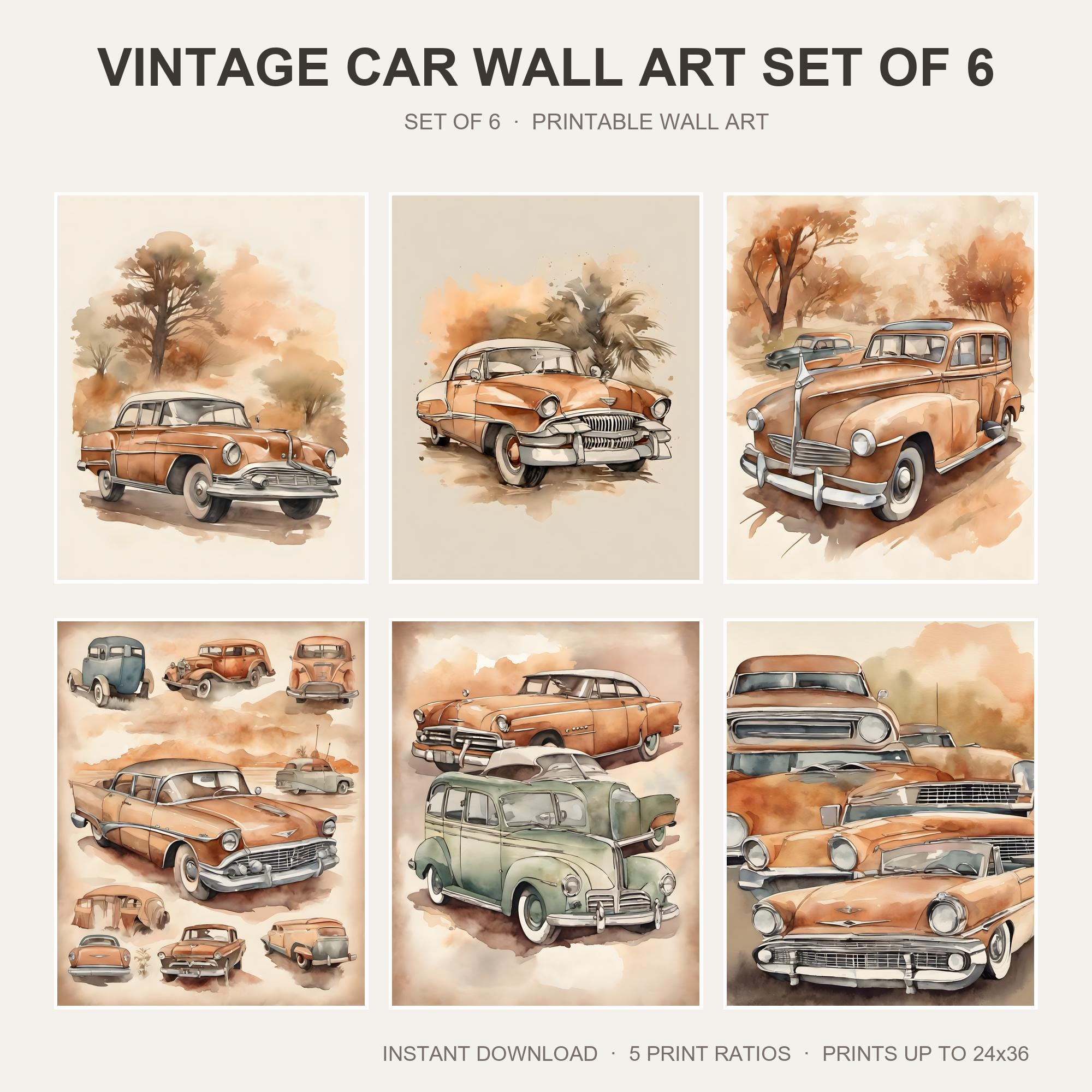 Vintage Car Wall Art Set of 6 | Retro Automobile Printable Wall Art | Classic Car Boys Roo
