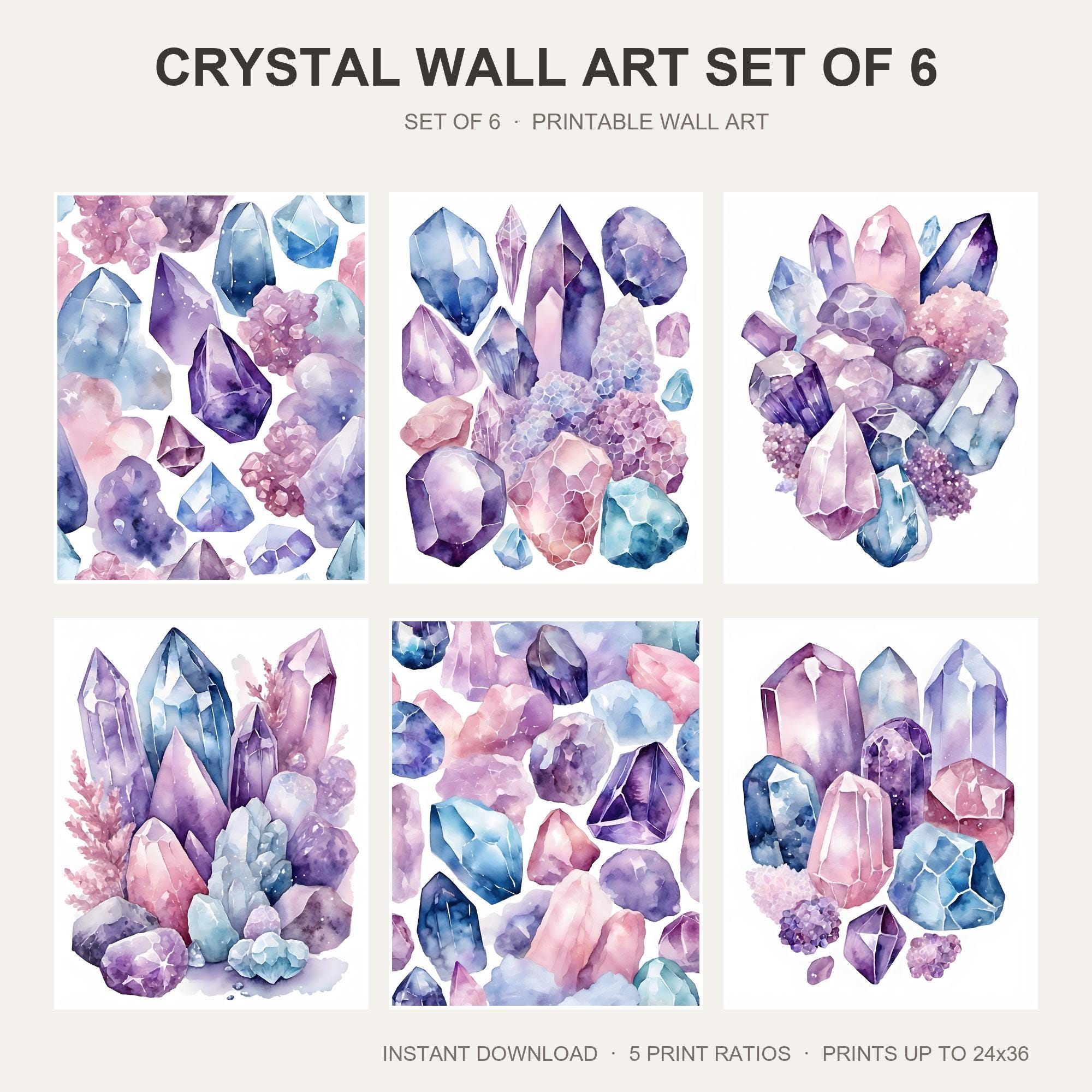 Crystal Wall Art Set of 6 | Gemstone Watercolor Printable Wall Art | Mystical Amethyst Hea