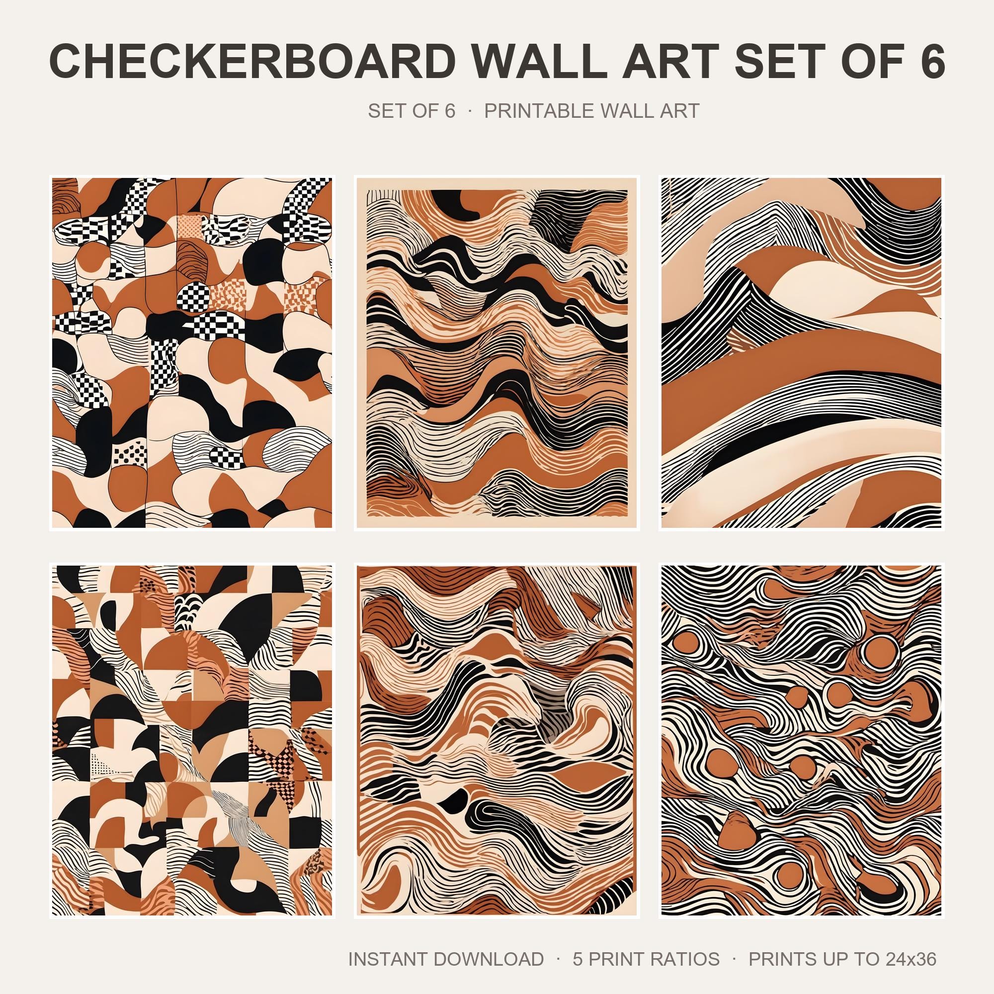 Checkerboard Wall Art Set of 6 | Trendy Abstract Printable Wall Art | Retro Wavy Modern Pr