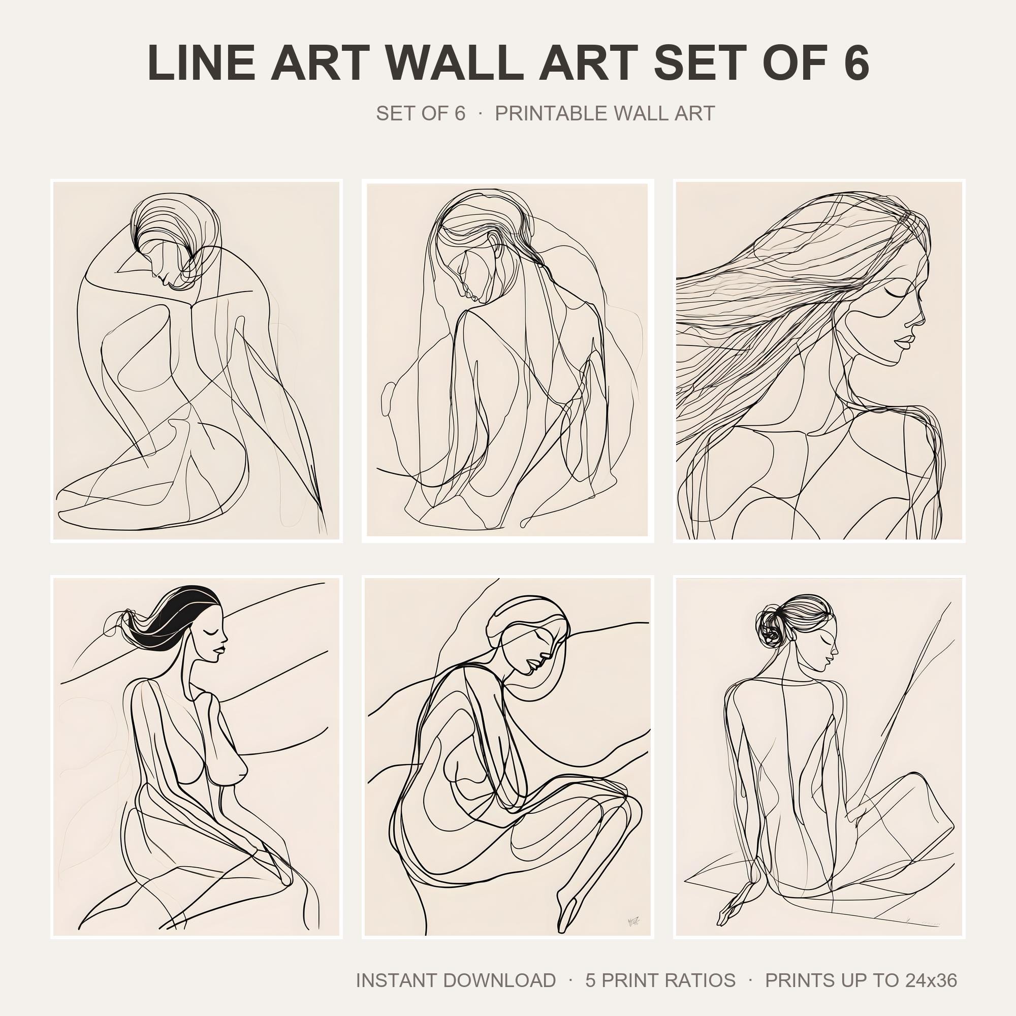 Line Art Wall Art Set of 6 | Abstract Woman Printable Wall Art | Minimalist Boudoir Figure