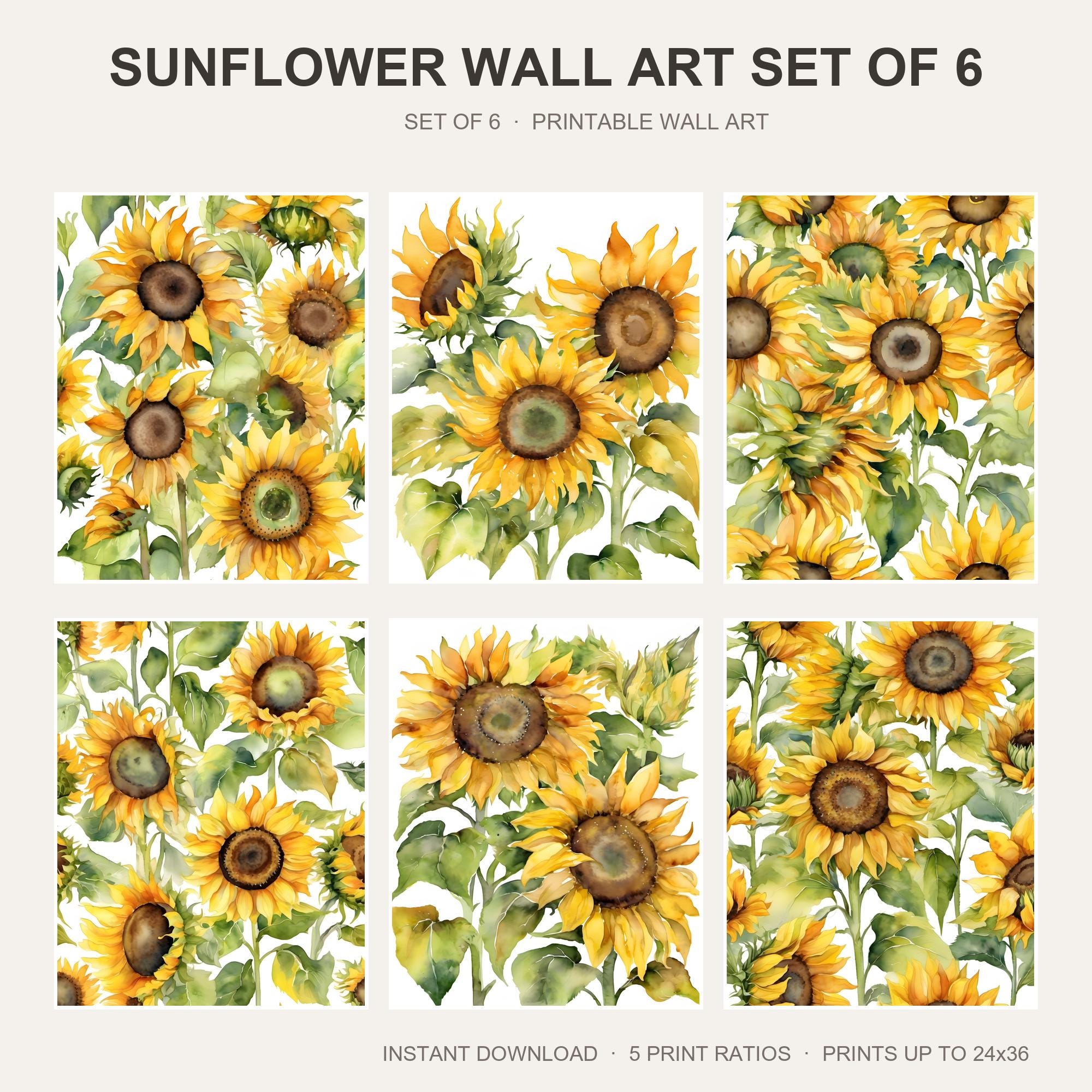 Sunflower Wall Art Set of 6 | Watercolor Floral Printable Wall Art | Rustic Farmhouse Kitc