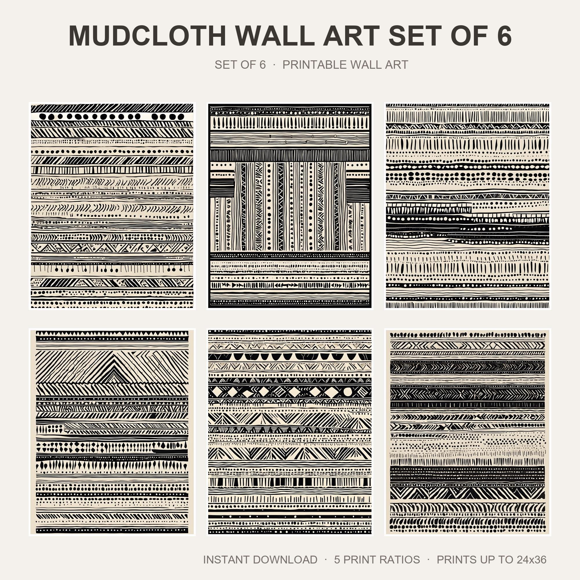 Mudcloth Wall Art Set of 6 | Boho Tribal Printable Wall Art | Black White Geometric Prints