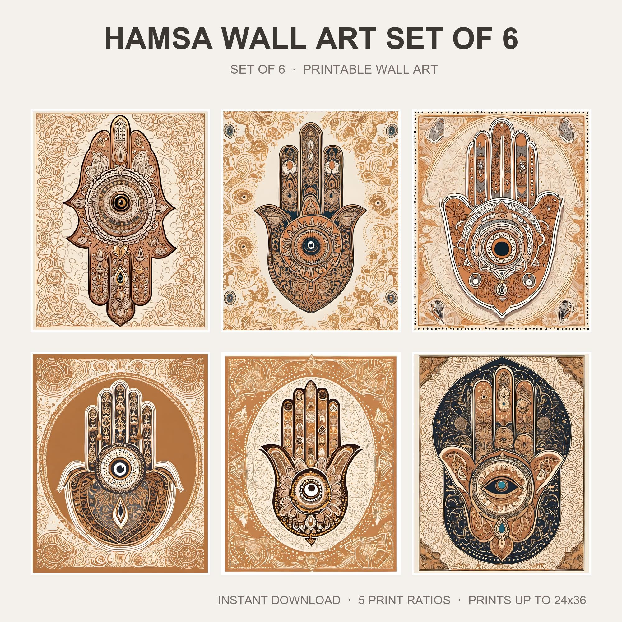 Hamsa Wall Art Set of 6 | Boho Spiritual Printable Wall Art | Evil Eye Terracotta Prints |